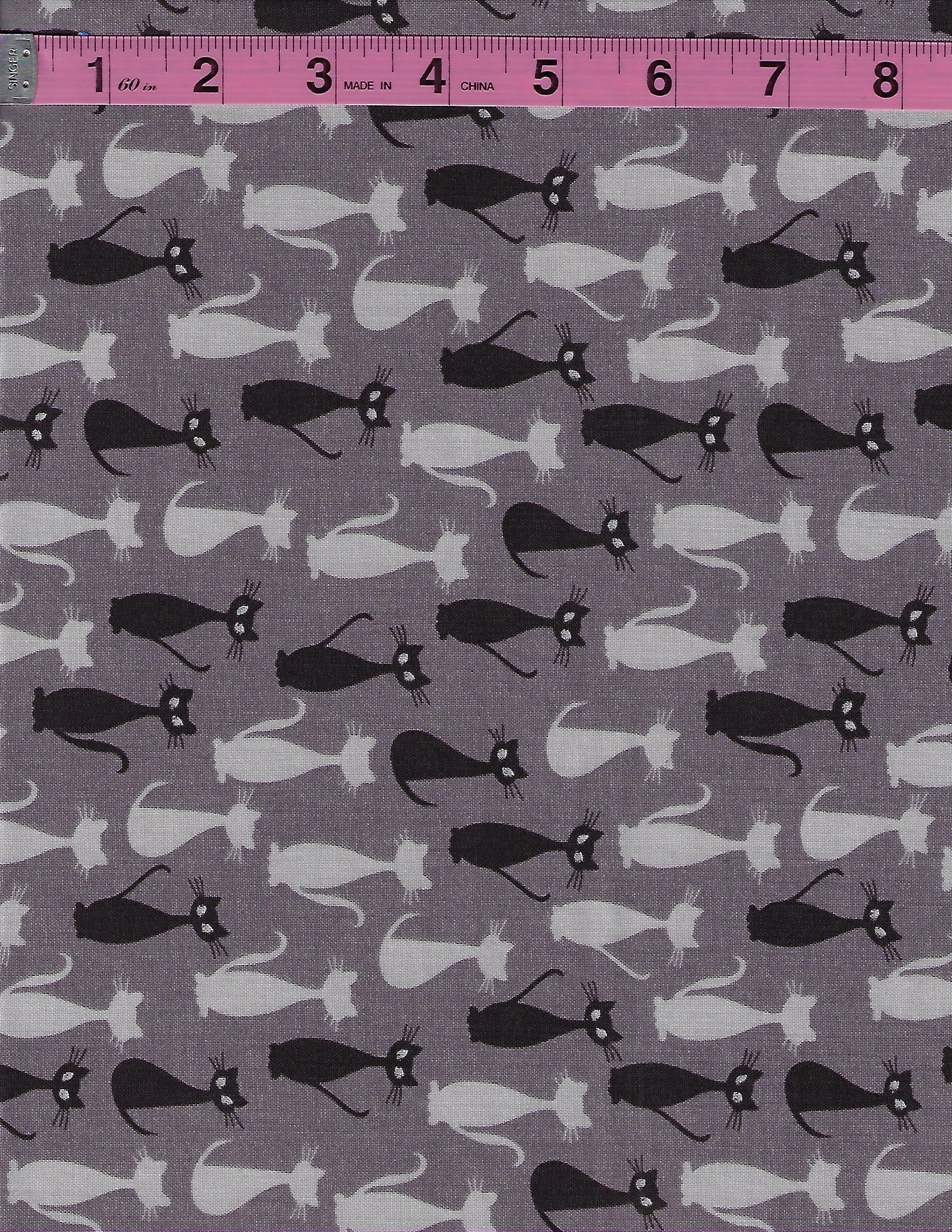 Riley Blake Spooky Hollow gray cotton fabric with black and white cat silhouettes