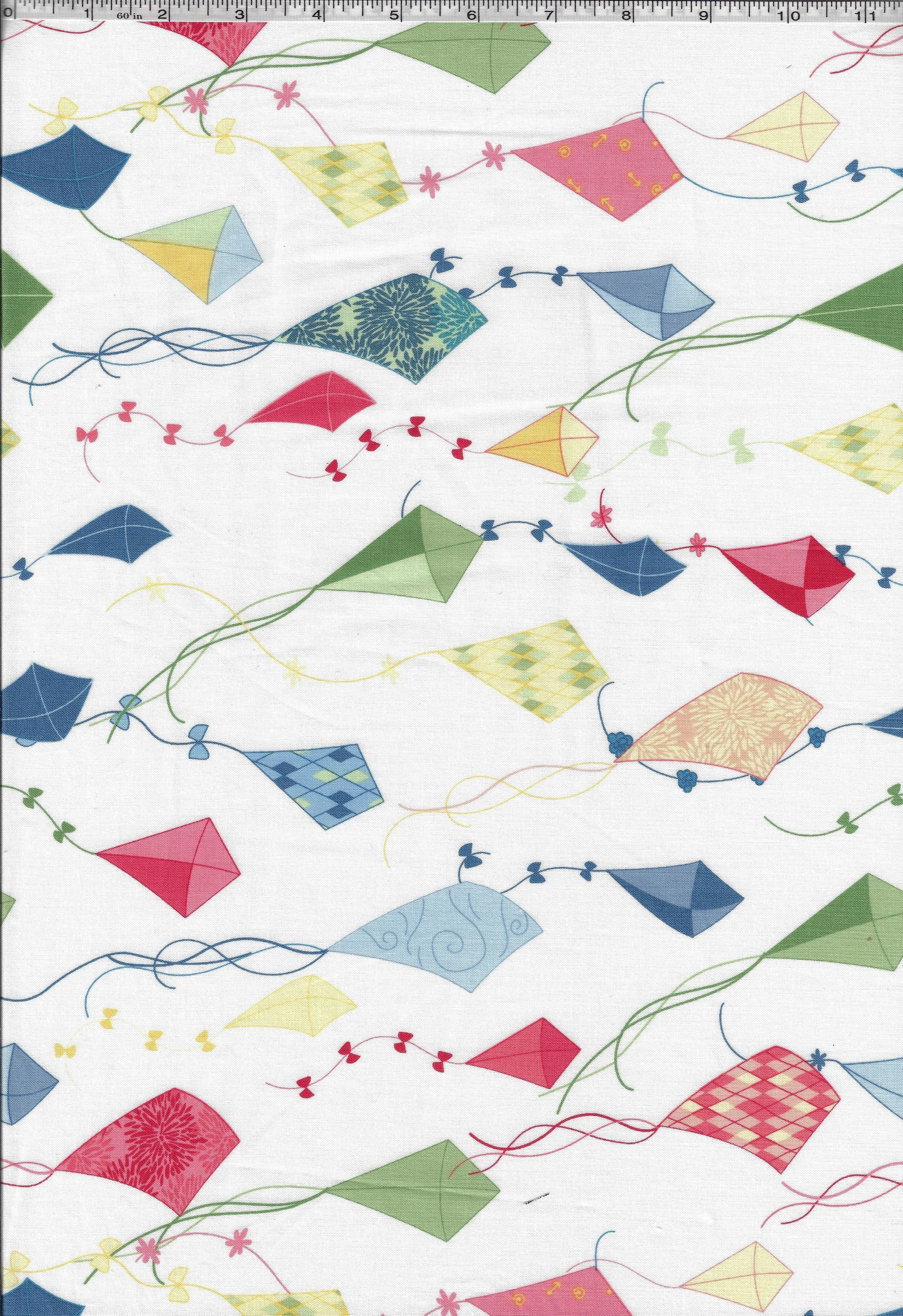 Three coordinating 100% cotton quilting fabrics featuring blue wind clouds, colorful kites on white, and small yellow flowers on a soft green background.