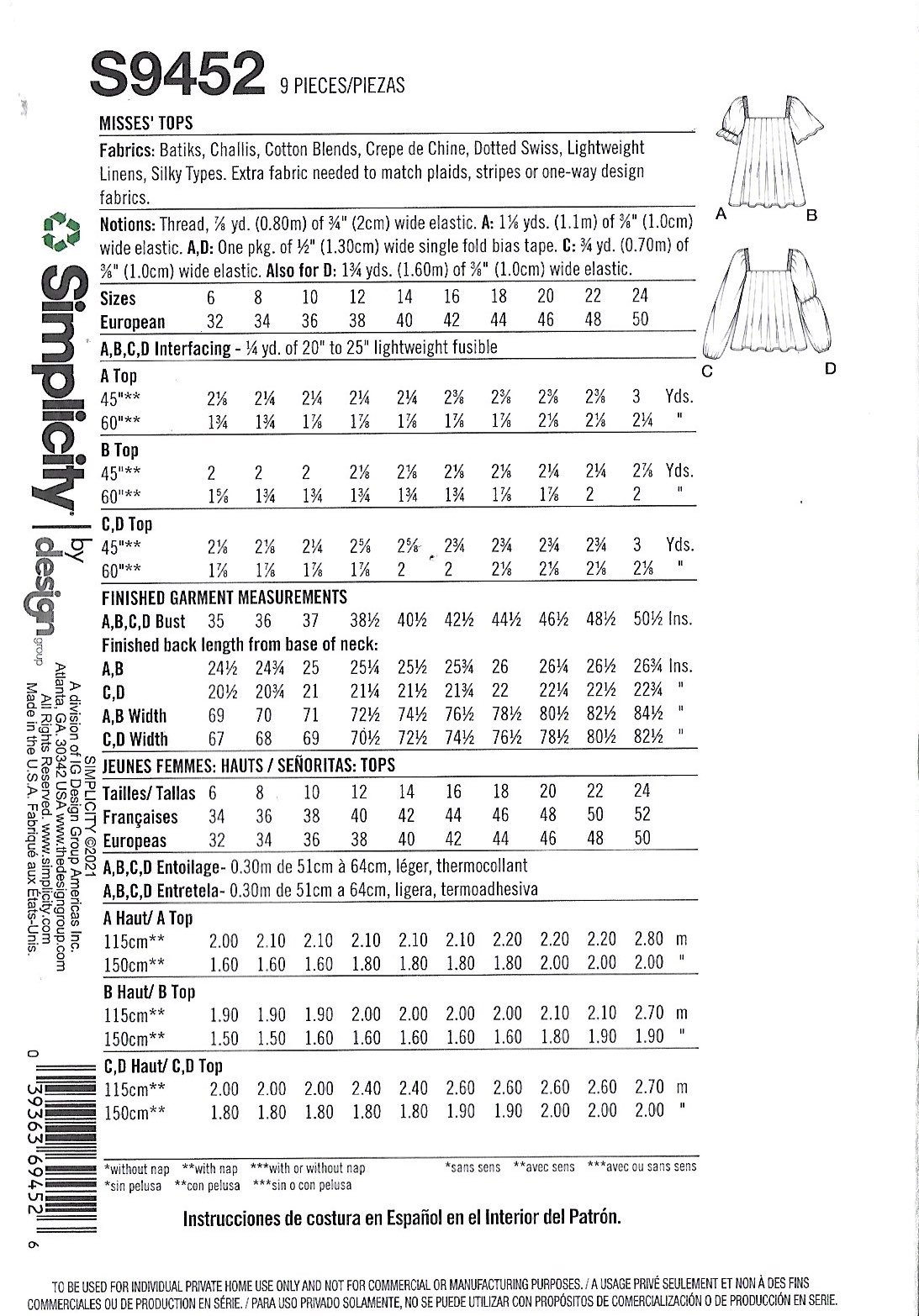 Simplicity S9452 women’s sewing pattern for easy-to-sew gathered tops and tunics, sizes 6–24, with square neckline and sleeve variations.