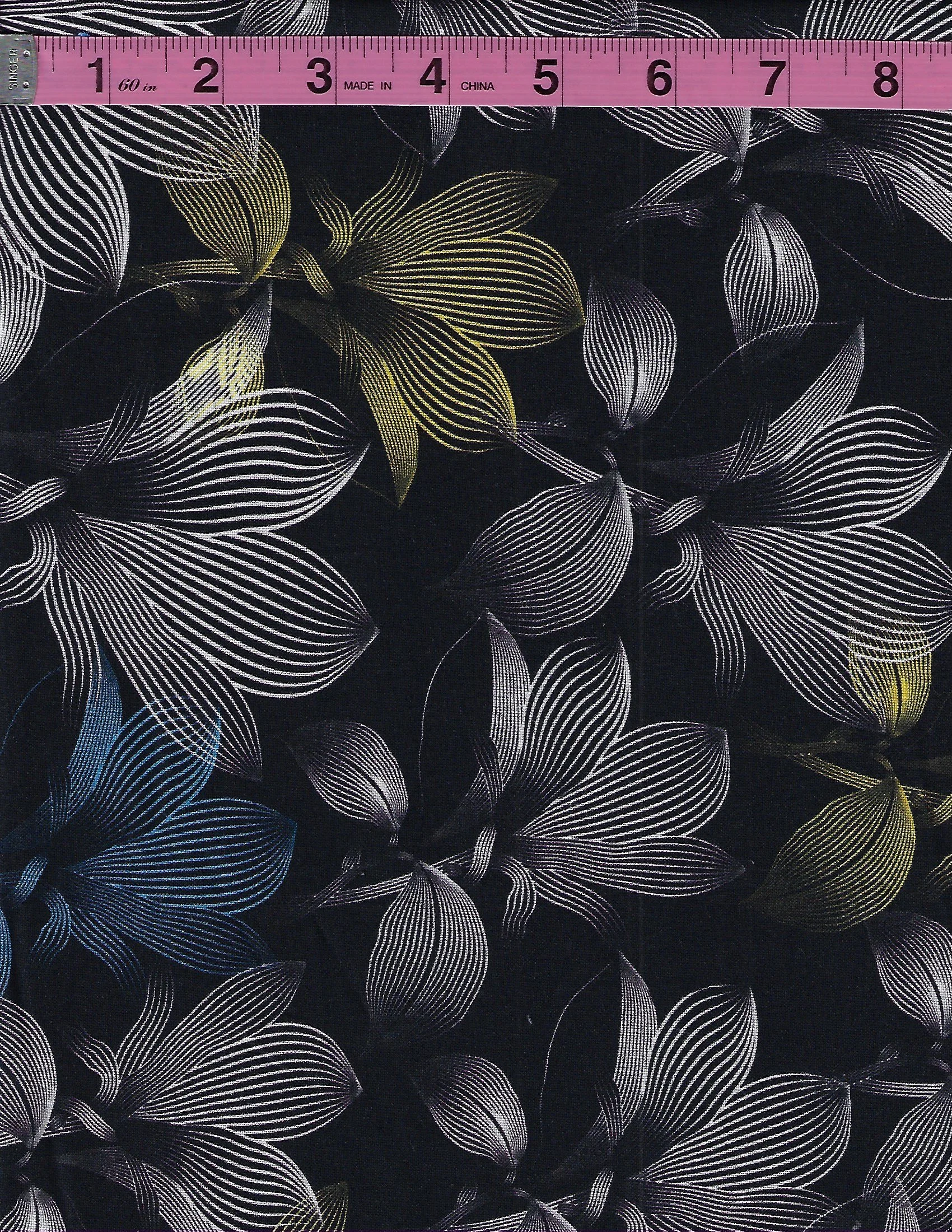 Collection of cotton fabrics with dark navy blue backgrounds featuring floral, geometric circle, and multicolor stripe patterns in blue, white, yellow, and gray