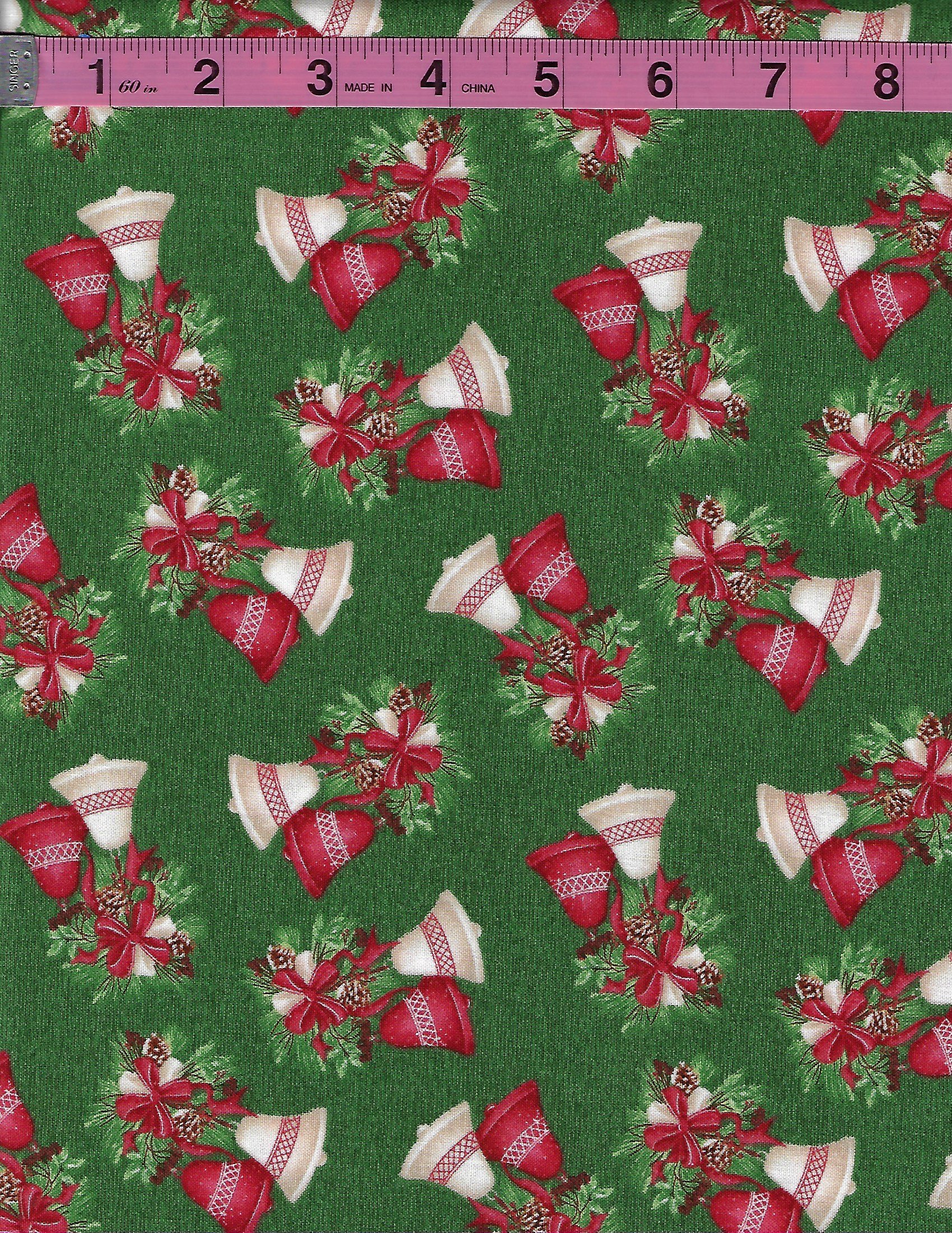 December Magic by Blank Quilting collection of four coordinating Christmas cotton fabrics featuring red and green ornaments, Christmas stockings, decorative holiday bells, and white and green snowflak