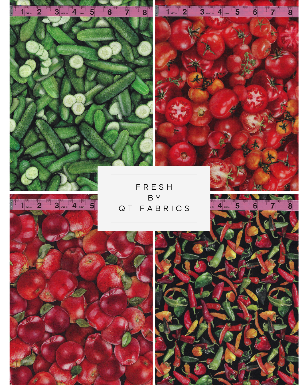 Fresh by QT Fabrics coordinating cotton fabric collection featuring apples, cucumbers, colorful peppers, and tomatoes