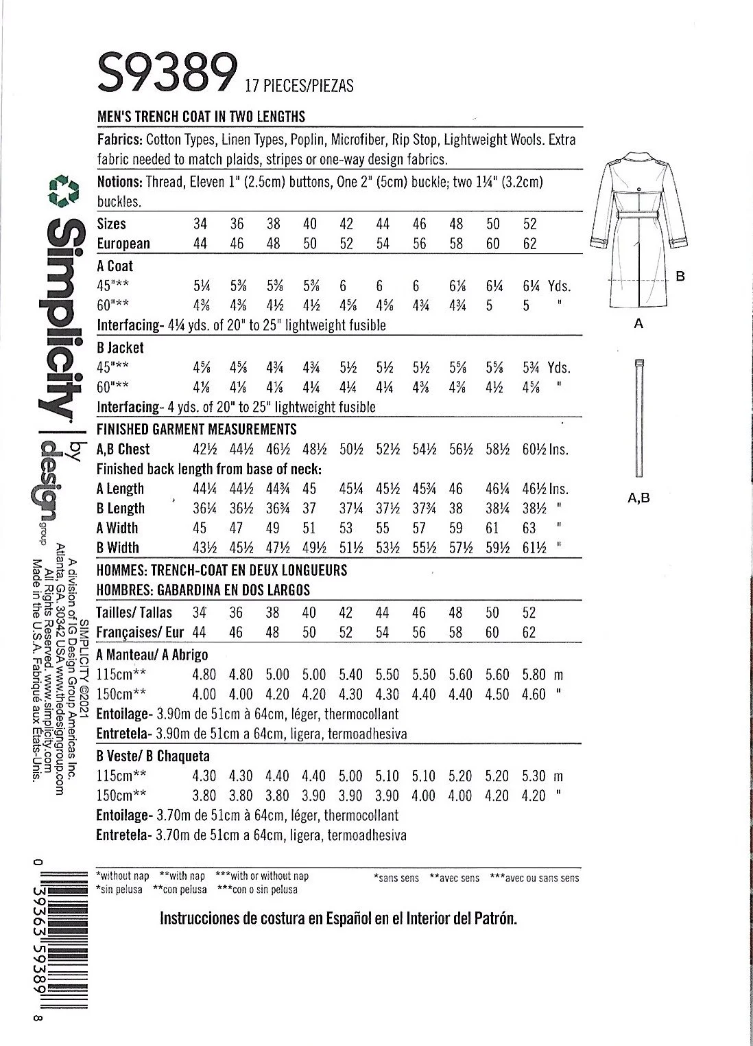 Simplicity S9389 men’s trench coat sewing pattern showing two double-breasted coat styles in different lengths
