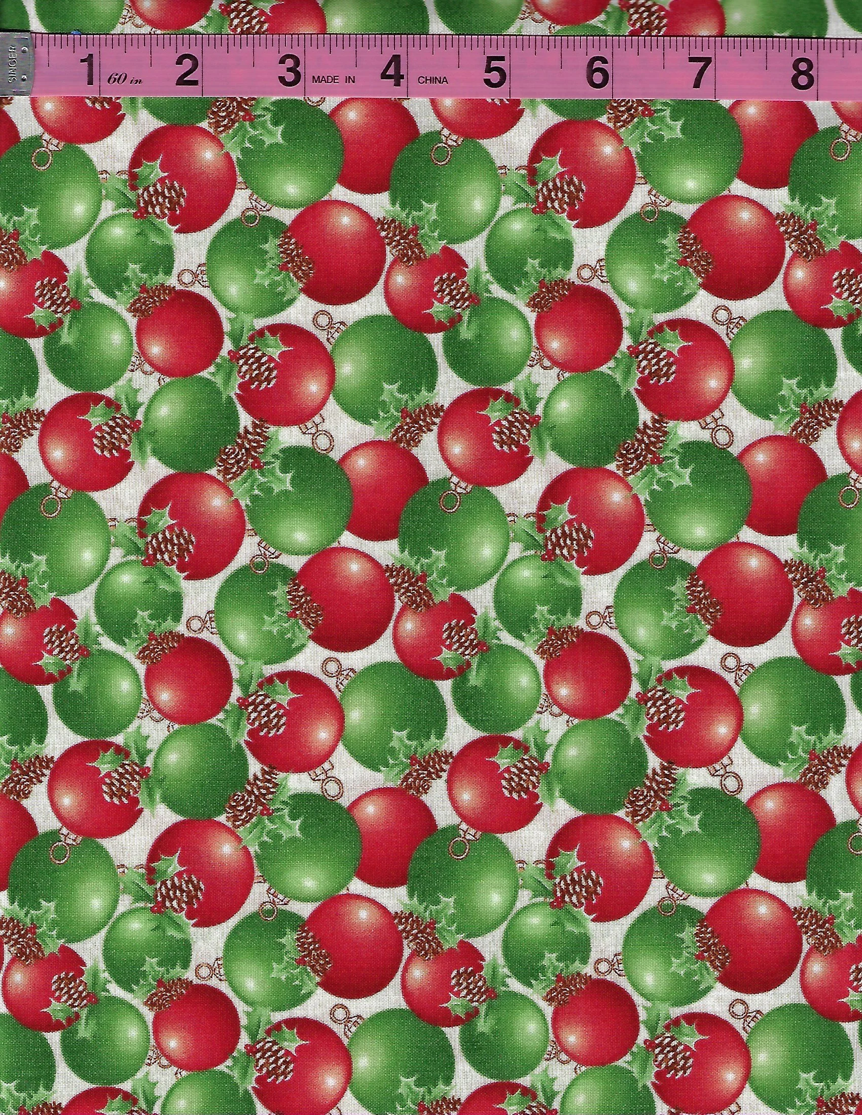 December Magic by Blank Quilting collection of four coordinating Christmas cotton fabrics featuring red and green ornaments, Christmas stockings, decorative holiday bells, and white and green snowflak