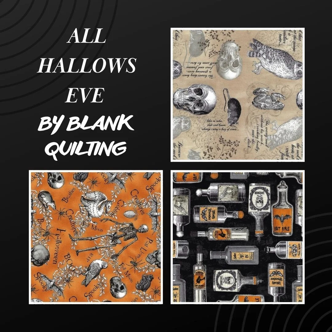 Blank Quilting All Hallows Eve collection of three 100% cotton Halloween fabrics featuring vintage skulls, ravens, skeletons, bats, and spooky potion bottles in tan, orange, black, and gray.