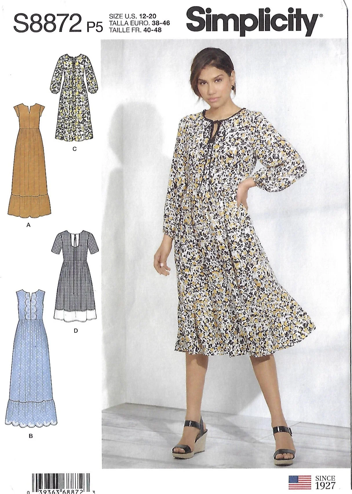 Simplicity 8872 sewing pattern for misses' pullover dresses in sizes 4-12 and 16-20, featuring three dress lengths and sleeve variations.