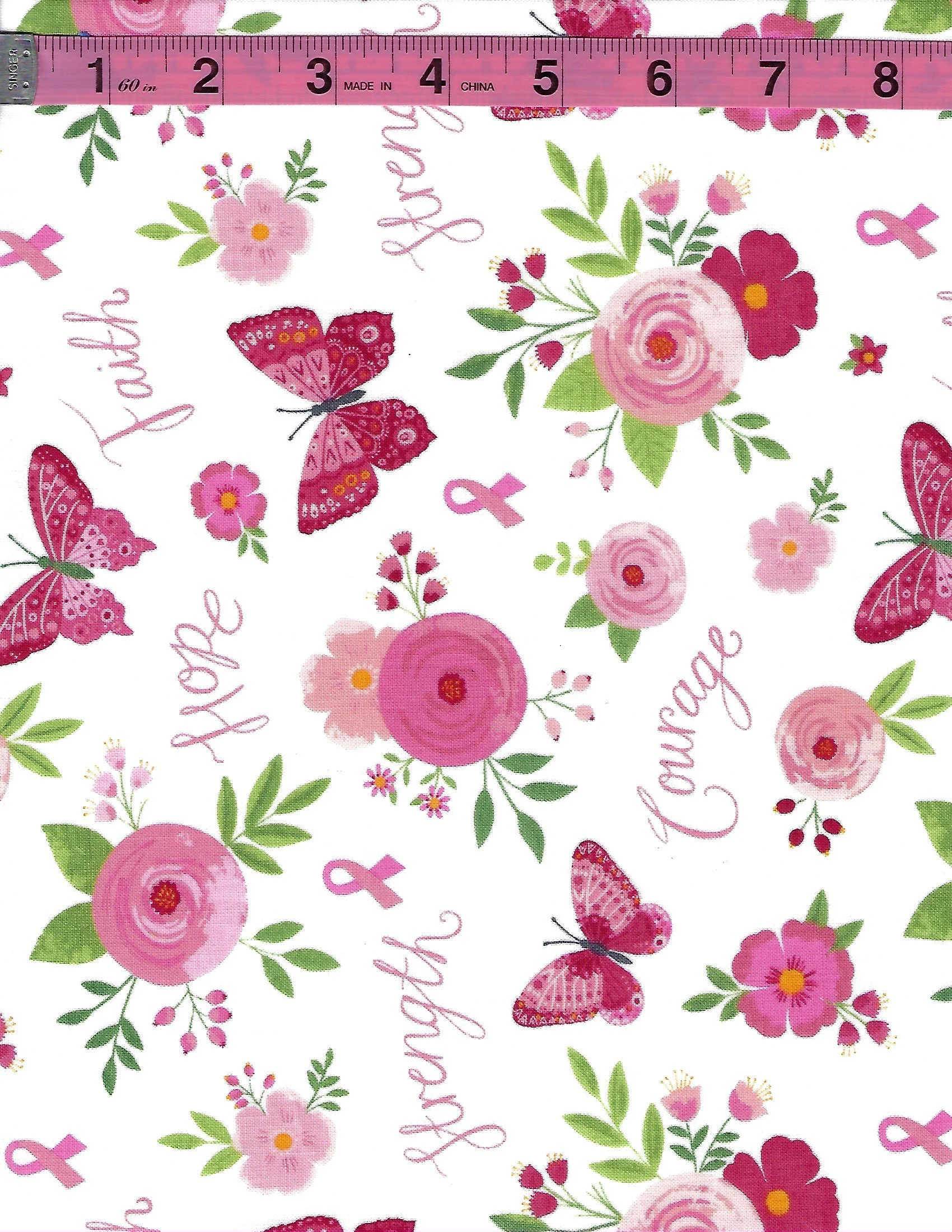 Riley Blake Designs Strength in Pink cotton fabric collection featuring pink ribbons, butterflies, floral designs, and coordinating pink prints.