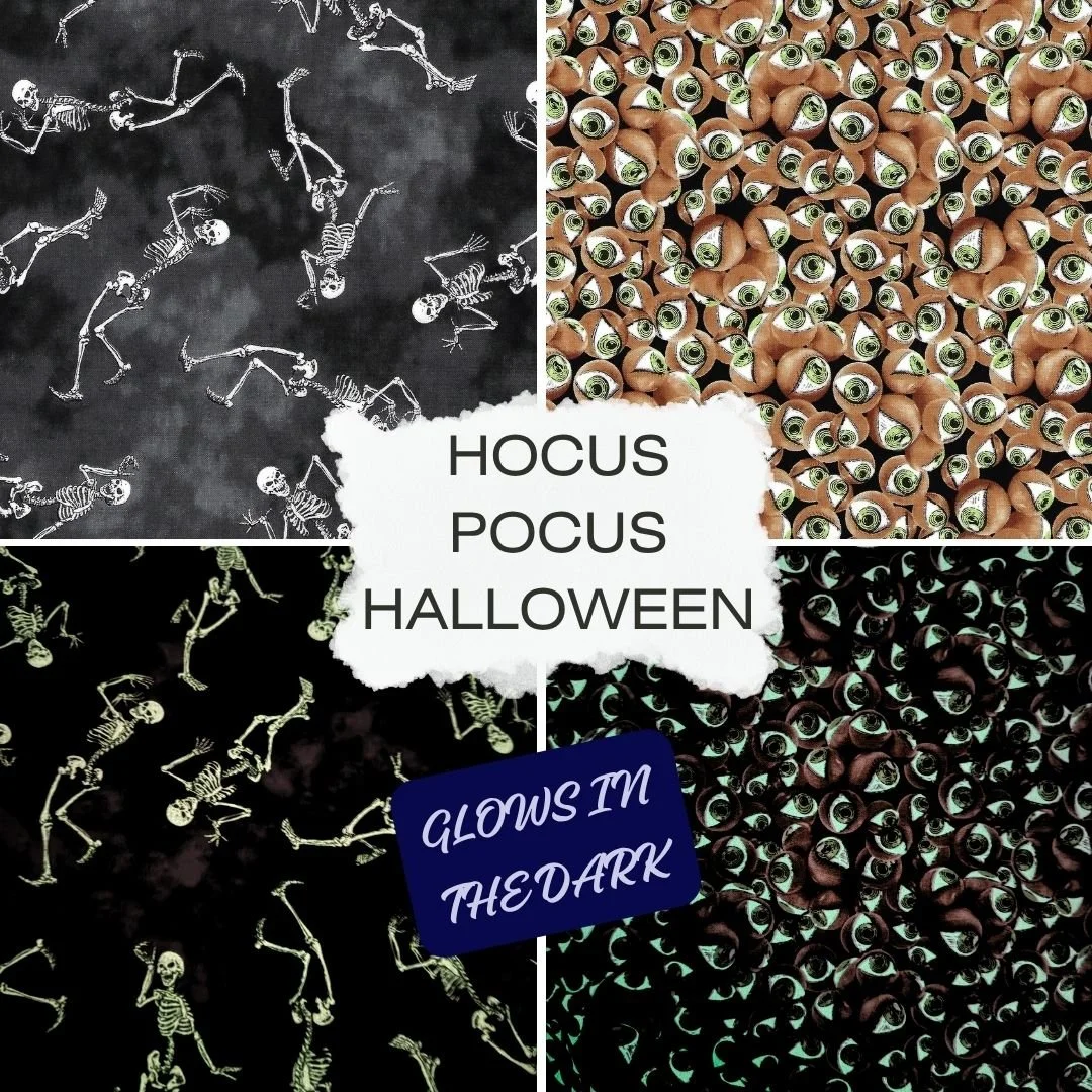 Glow in the dark Halloween cotton fabric featuring skeletons and eyeballs on black backgrounds