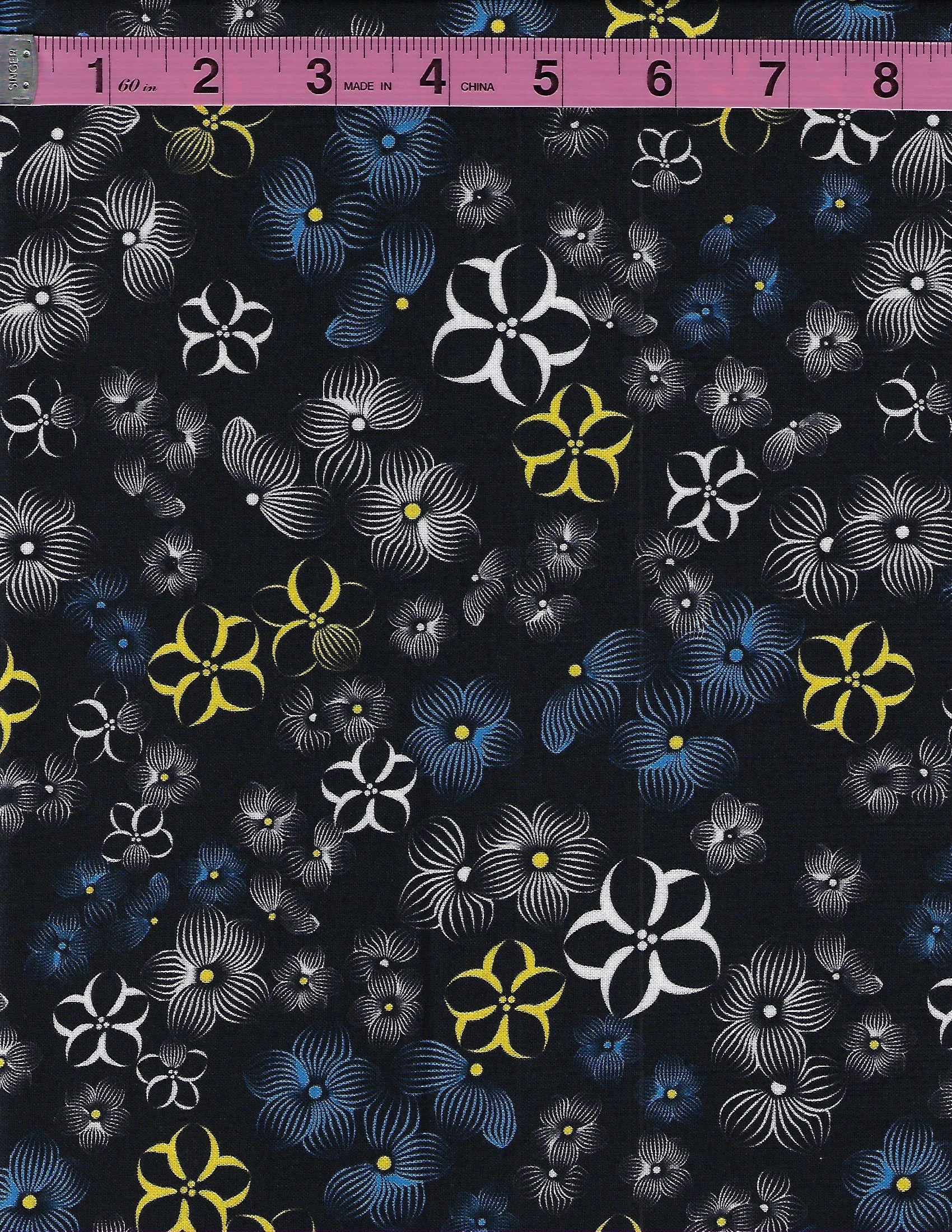 Collection of cotton fabrics with dark navy blue backgrounds featuring floral, geometric circle, and multicolor stripe patterns in blue, white, yellow, and gray