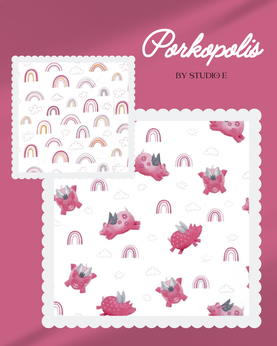 Studio E Porkopolis cotton fabric featuring cute pink pigs with rainbows and clouds on a white background