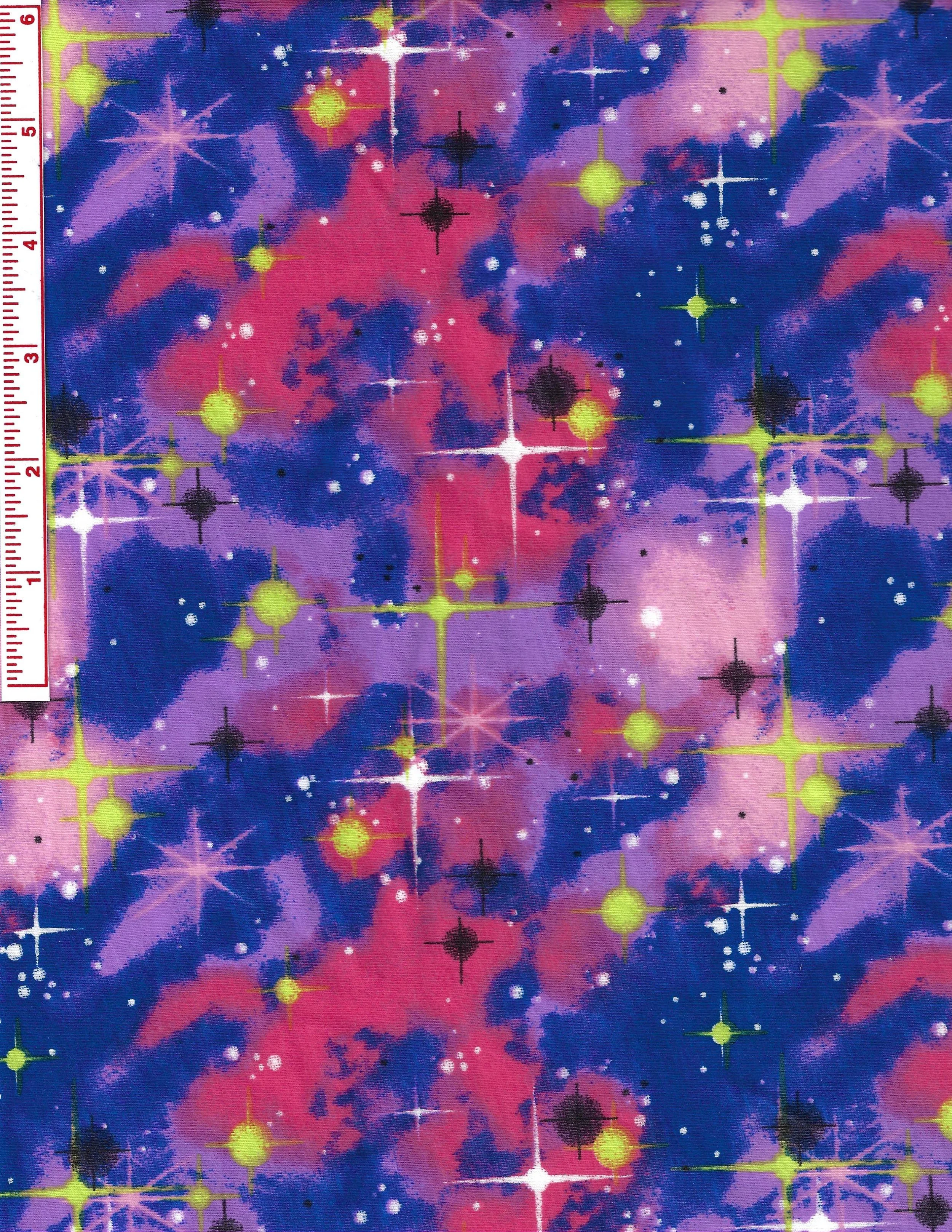 Cotton Jersey Knit fabric featuring a fun galaxy print for sewing and crafts. Stretch fabric.
