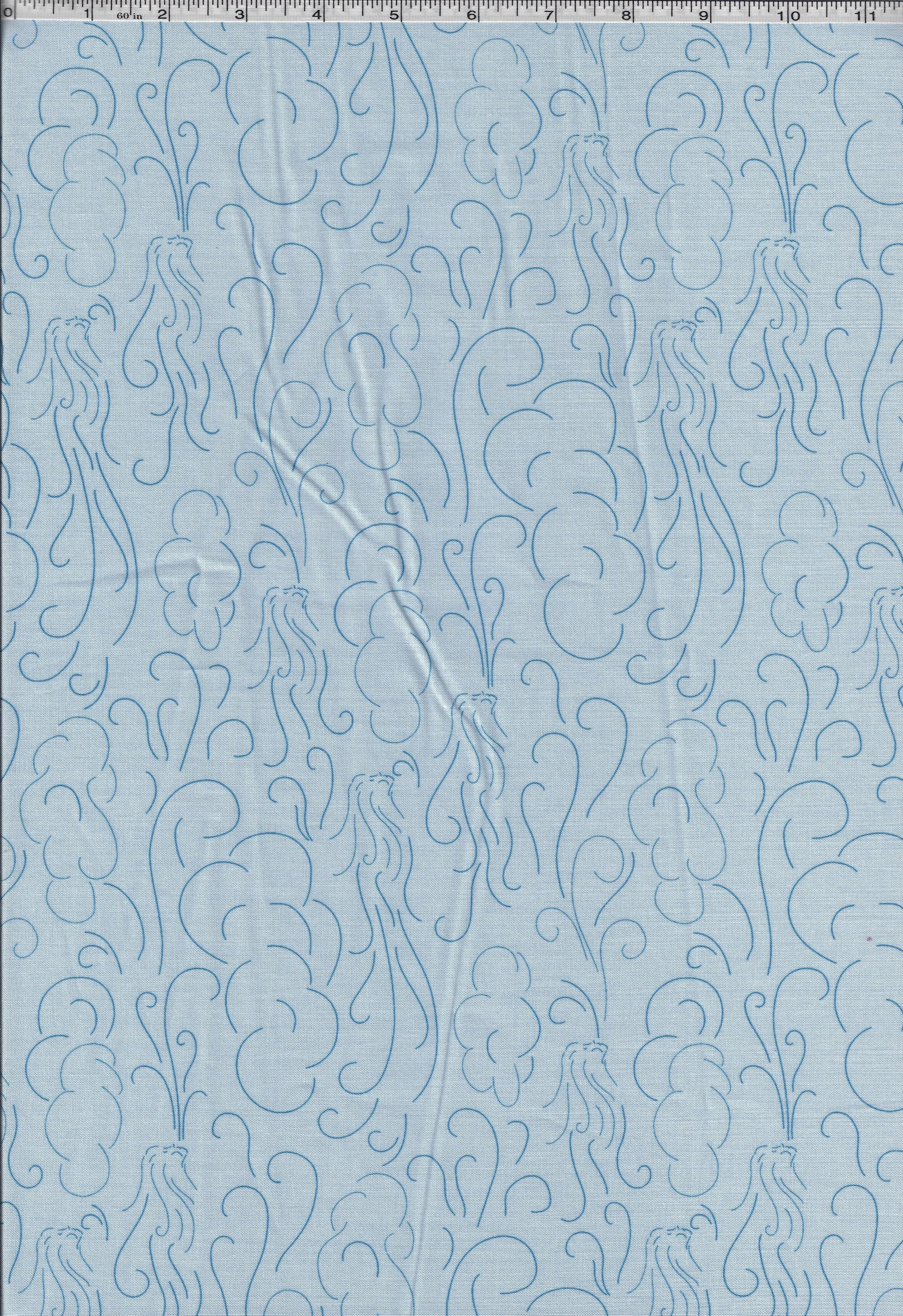 Three coordinating 100% cotton quilting fabrics featuring blue wind clouds, colorful kites on white, and small yellow flowers on a soft green background.