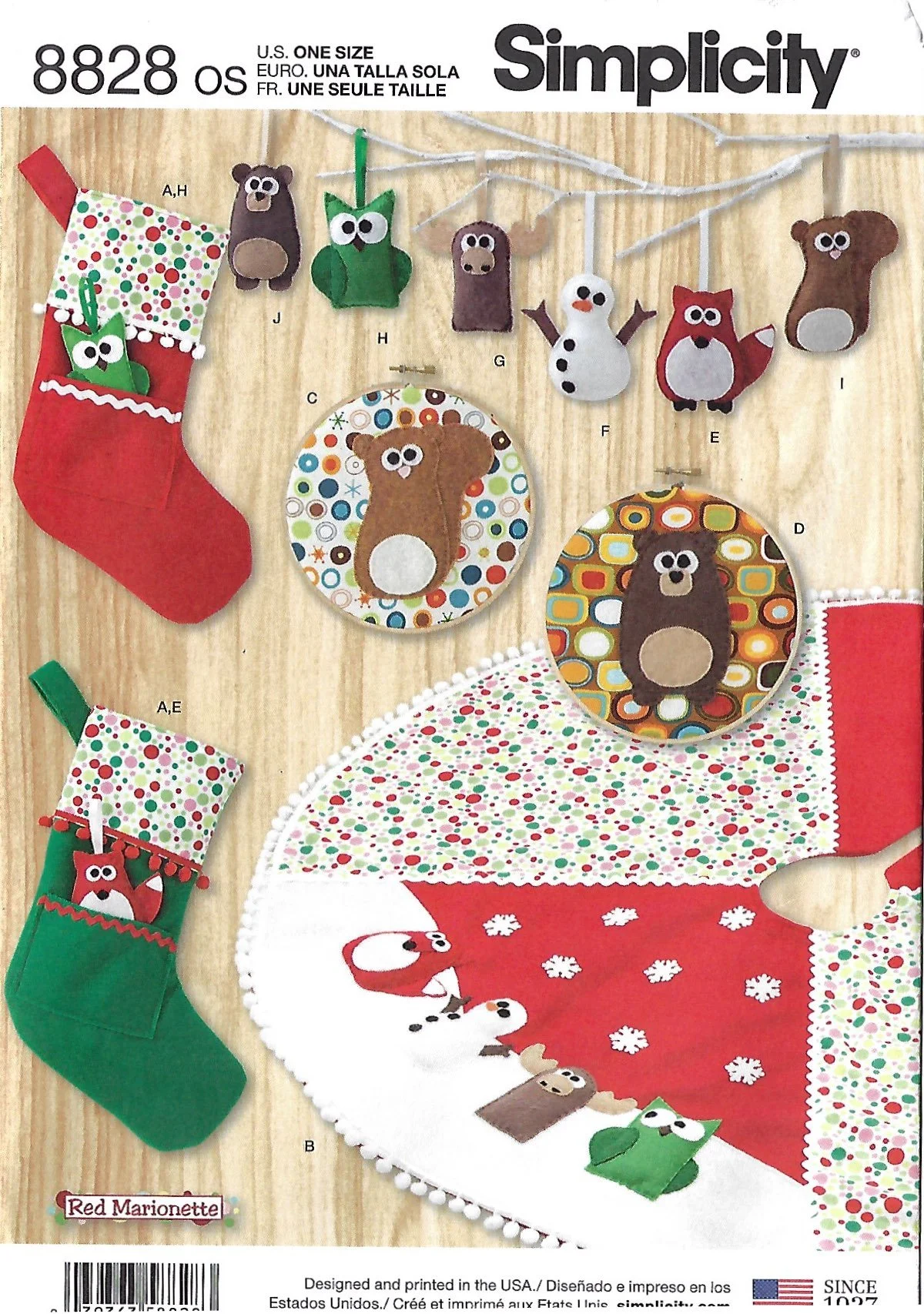 Simplicity 8828 Christmas sewing pattern showing felt stockings, tree skirt, ornaments and holiday wall hangings featuring woodland animals and snowmen.
