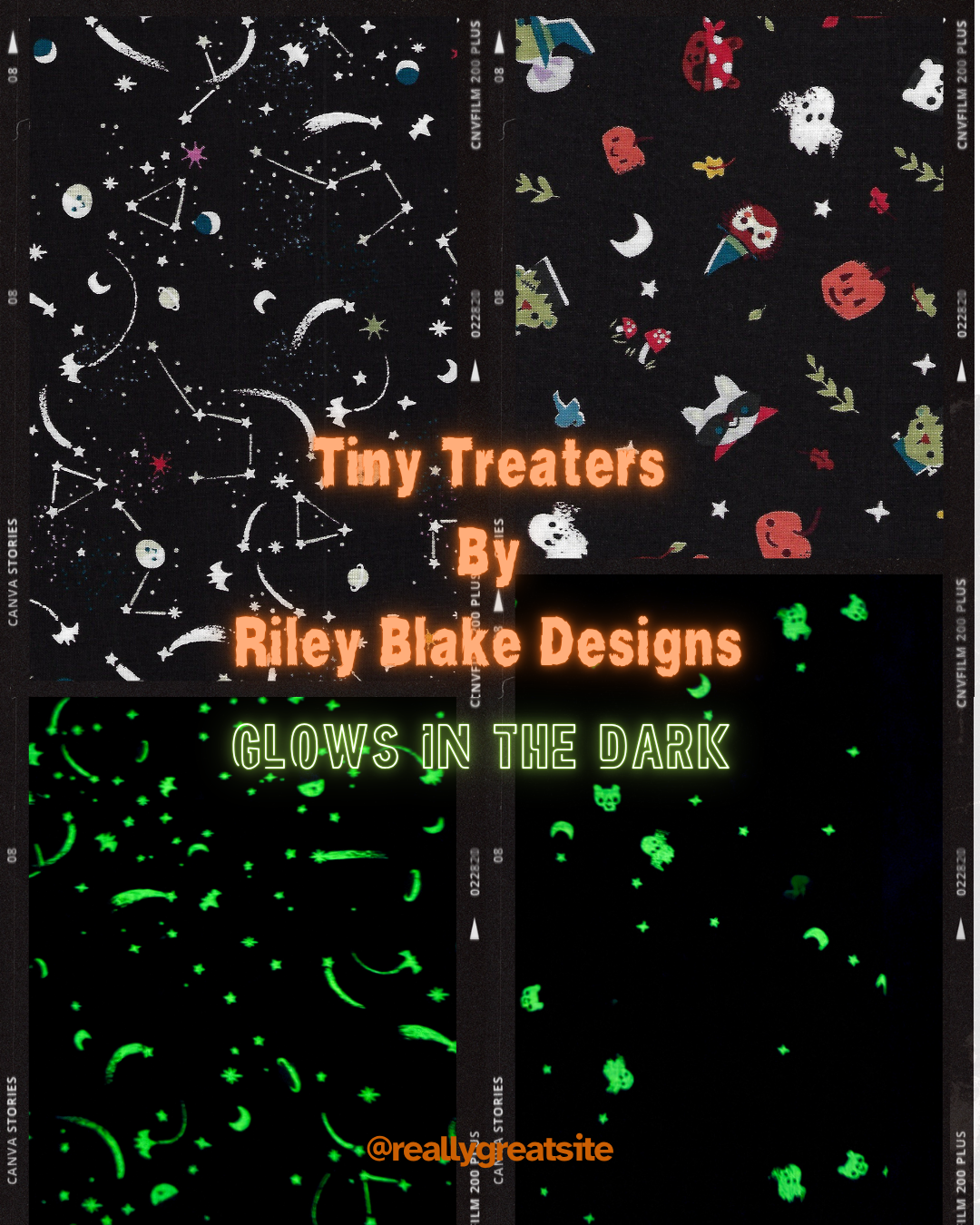 Riley Blake Designs Tiny Treaters glow-in-the-dark Halloween fabric featuring whimsical spooky characters and celestial night-sky motifs on black.