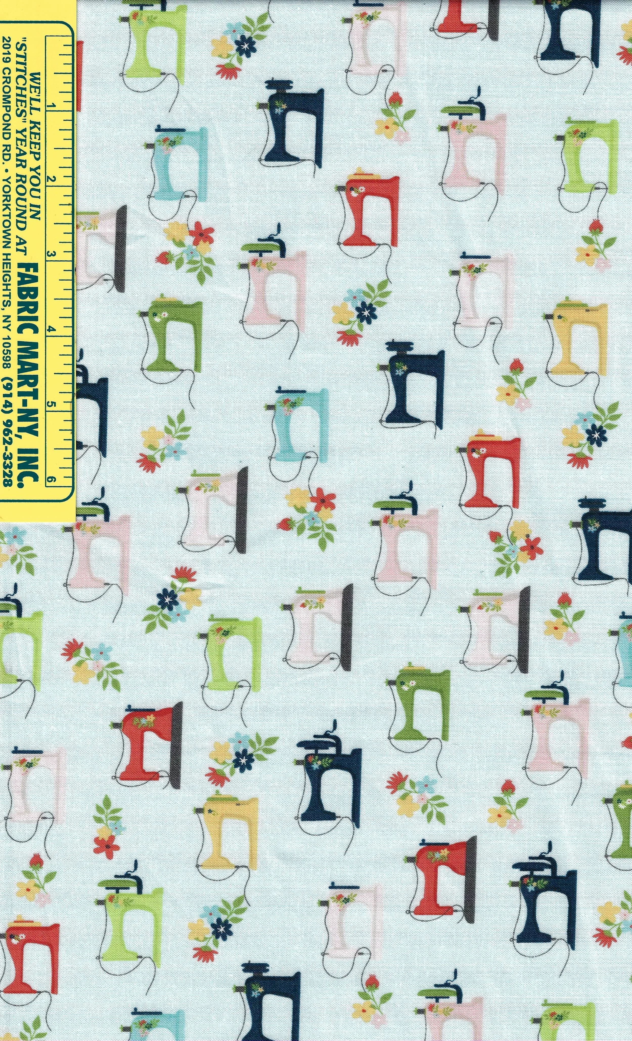 Riley Blake designs Vintage Sewing theme cotton fabric featuring spools of thread, scissors and vintage sewing machines