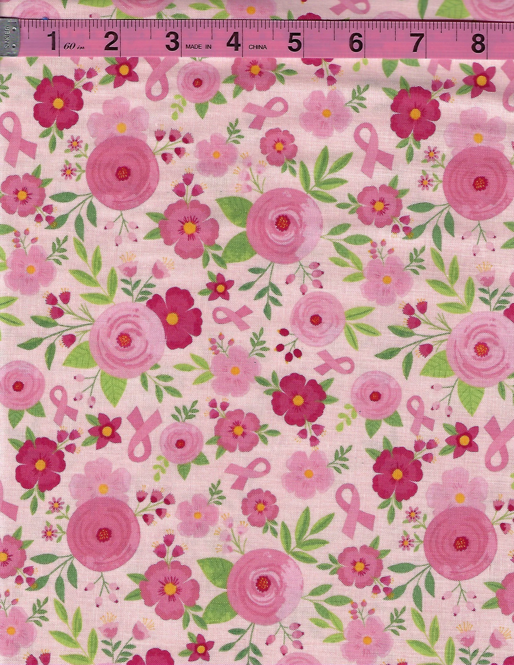 Riley Blake Designs Strength in Pink cotton fabric collection featuring pink ribbons, butterflies, floral designs, and coordinating pink prints.