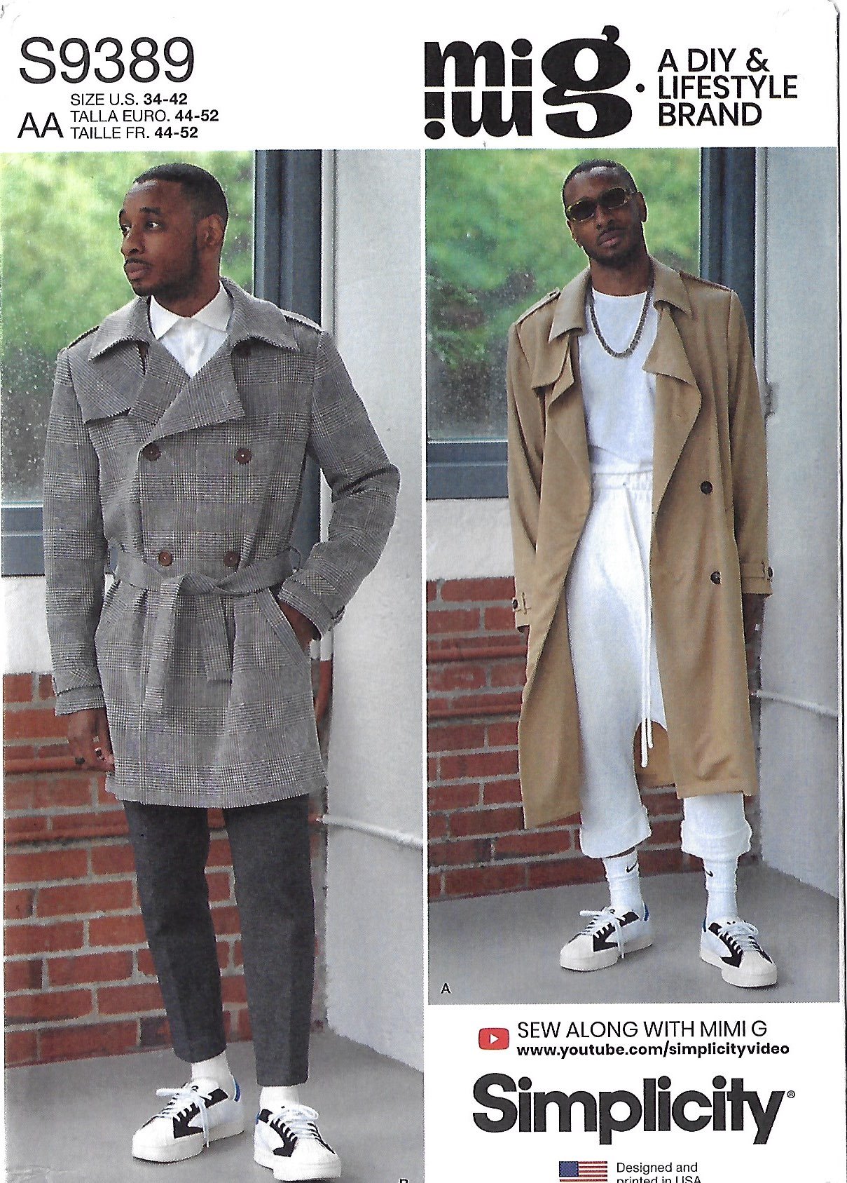 Simplicity S9389 men’s trench coat sewing pattern showing two double-breasted coat styles in different lengths