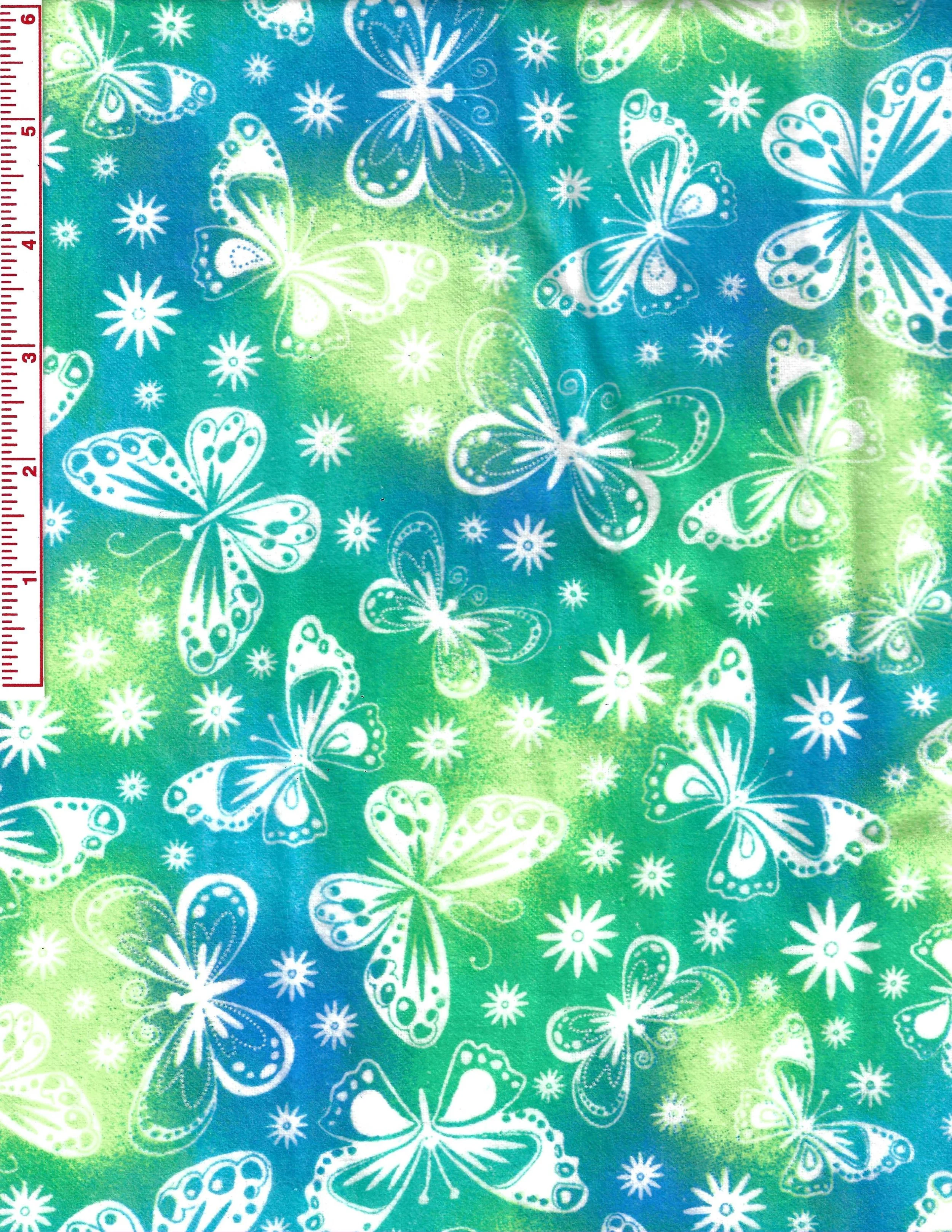 Cotton Flannel fabric AE Nathan butterflies on green and blue background