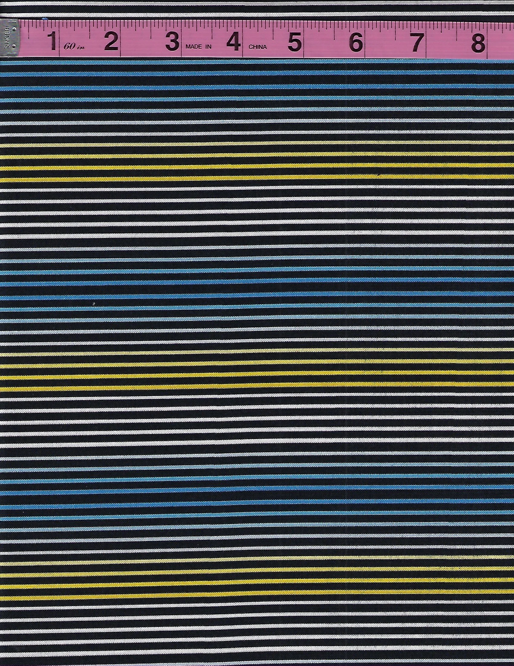 Collection of cotton fabrics with dark navy blue backgrounds featuring floral, geometric circle, and multicolor stripe patterns in blue, white, yellow, and gray