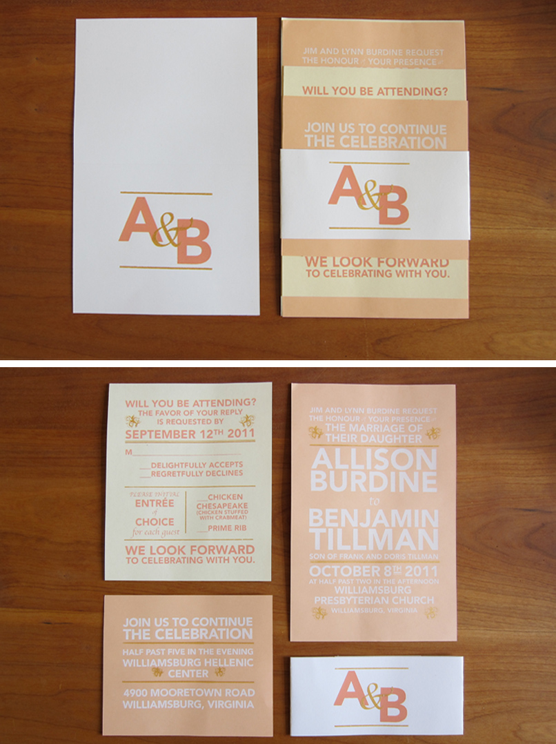 Allison and Ben Wedding - Invitations, Envelopes, RSVP's and Thank you cards. Three color invites : Peach, White and Gold
