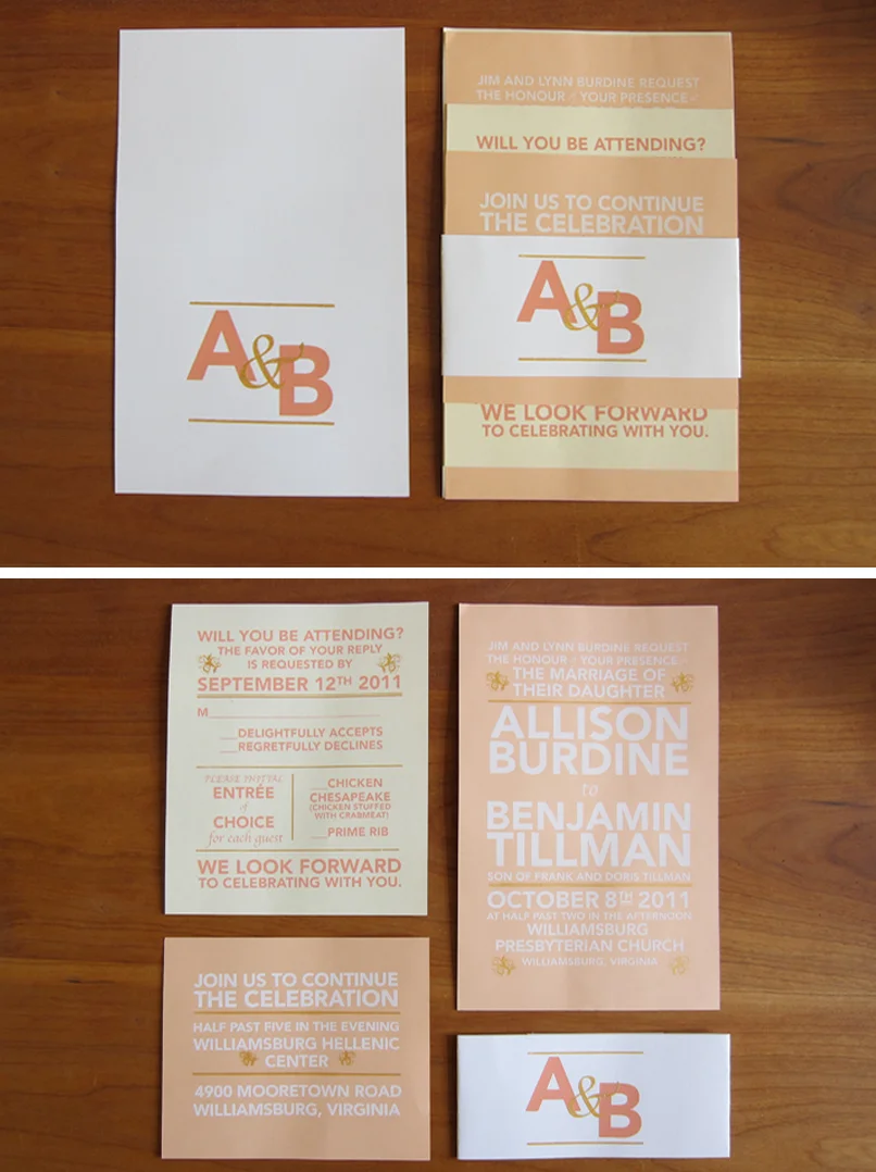 Allison and Ben Wedding - Invitations, Envelopes, RSVP's and Thank you cards. Three color invites : Peach, White and Gold