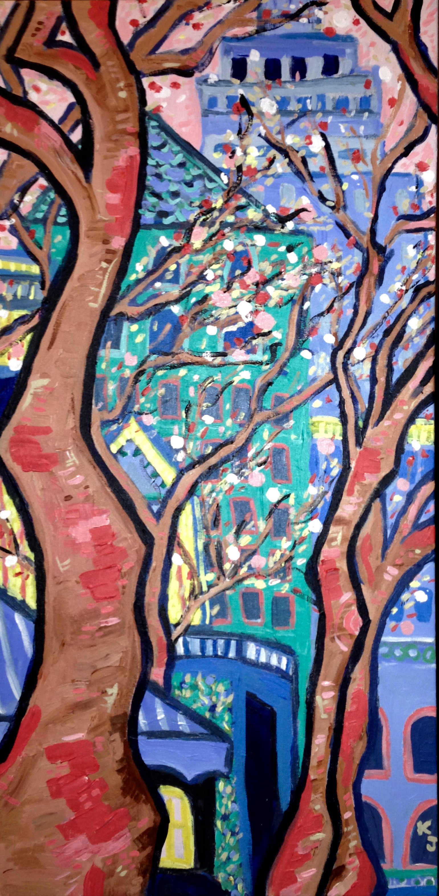 Bryant Park in springtime, with the Empire State building in the distance and the NY Public Library to the left. For sale on Etsy, $200 click here. 
