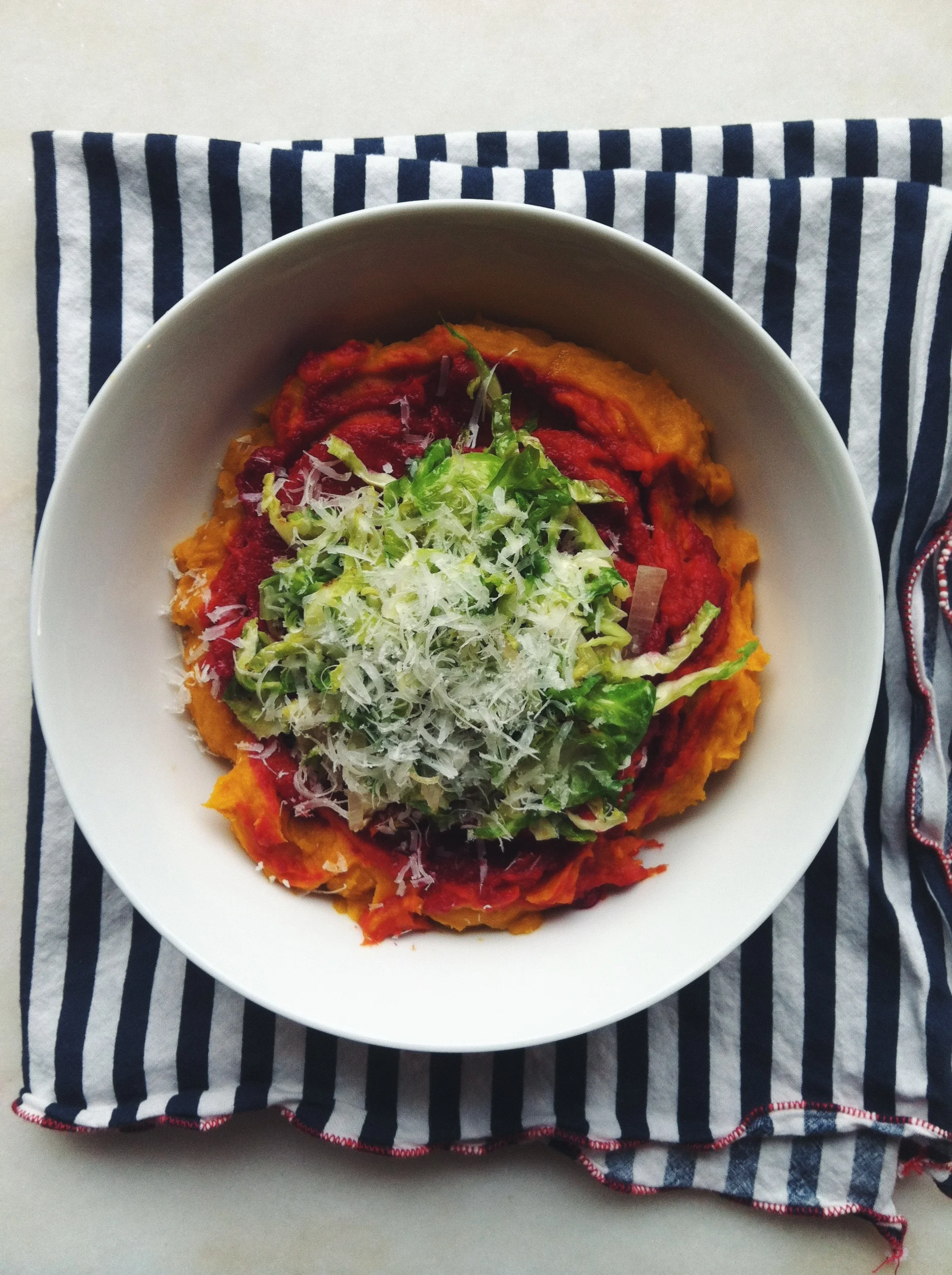 Pureed Beets & Squash with Shredded Brussels Sprouts