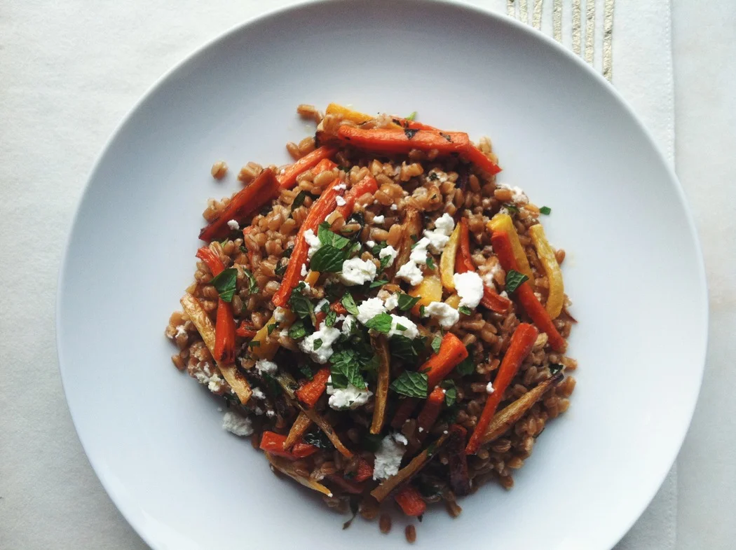 Roasted Carrots + Parsnips with Spicy Farro