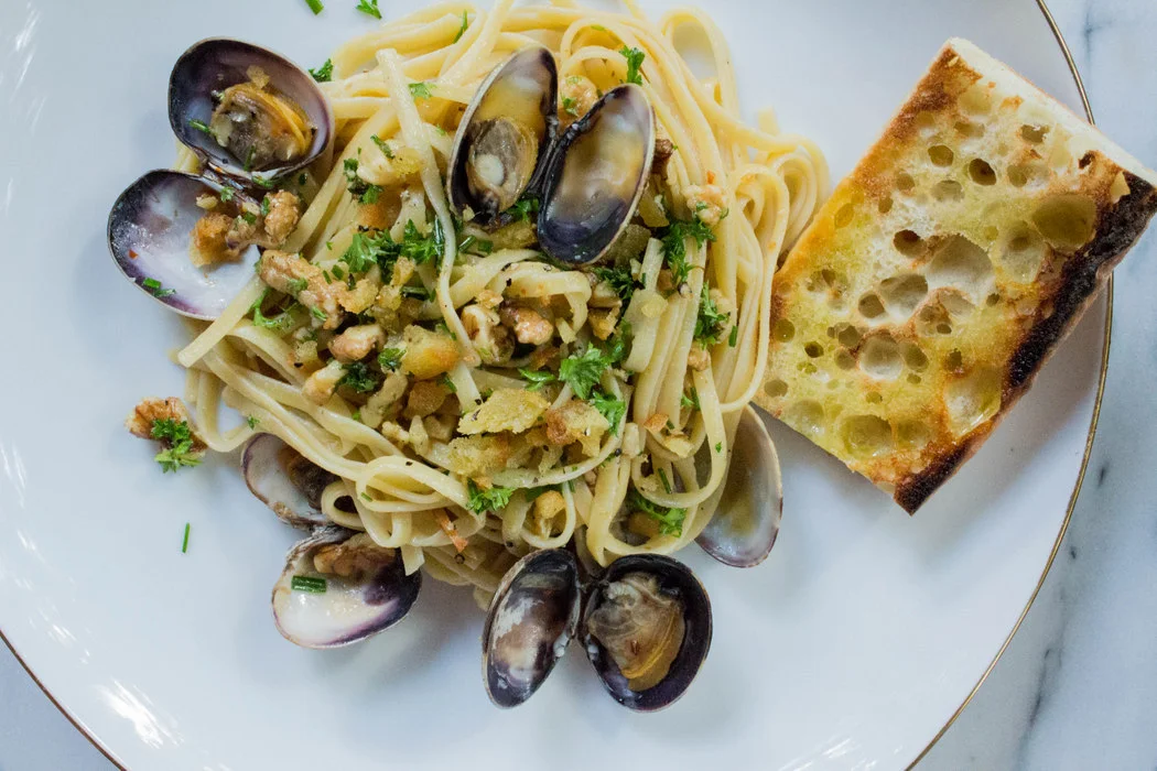 Clam Pasta with Crispy Bread Crumbs & Herbs