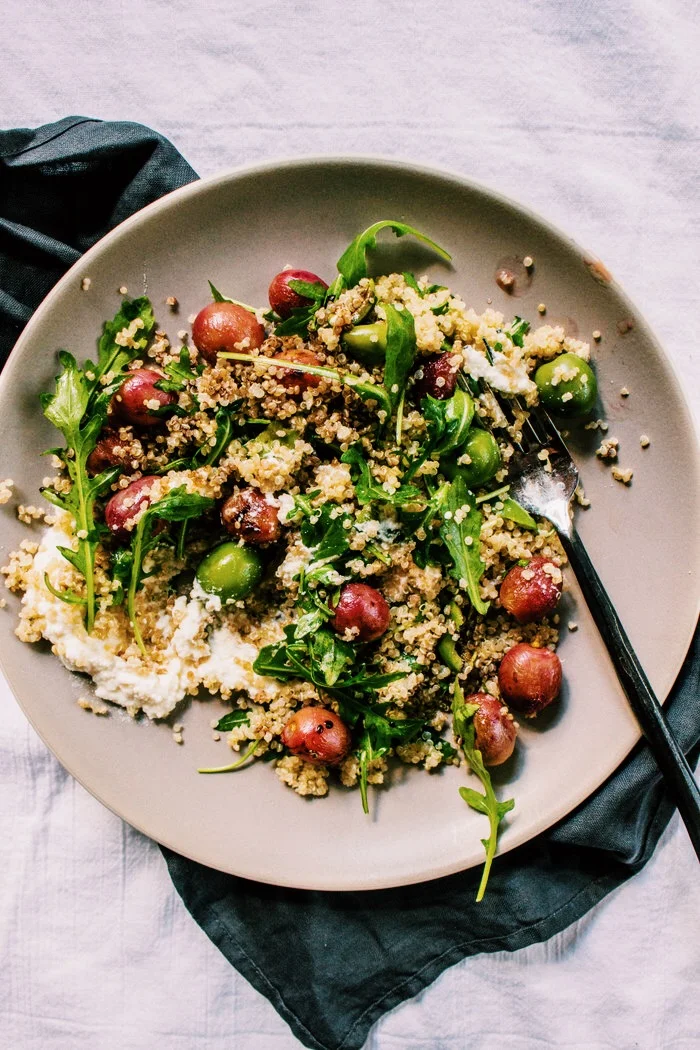 Roasted Grapes, Arugula, Green Olive Quinoa Salad with Balsamic Reduction 