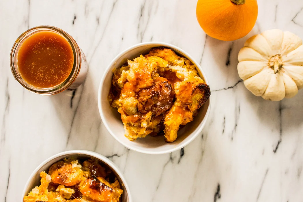 Pumpkin Bread Pudding with Salted Bourbon Caramel