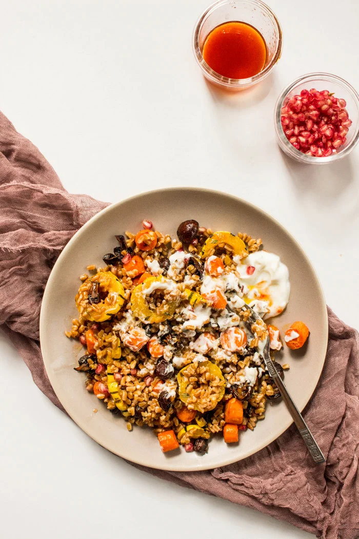 Spicy Farro Salad with Roasted Vegetables + Yogurt