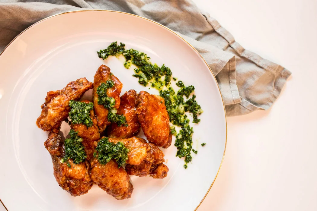 Crispy Buffalo Wings with Cranberry Red Jalapeno Sauce & Salsa Verde
