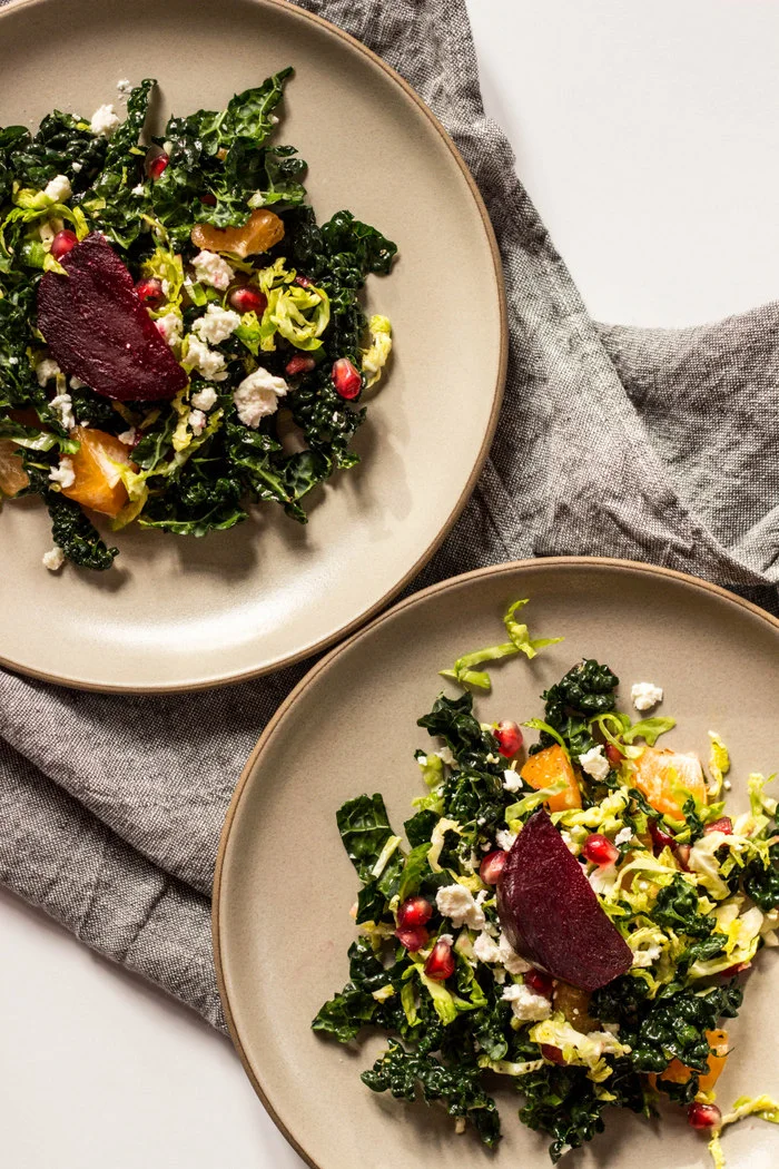 Shredded Kale + Brussels Sprout Salad with Beets and Oranges