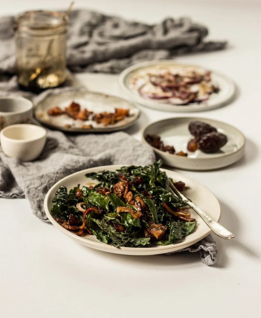 Kale Salad with Bacon, Dates + Balsamic Reduction