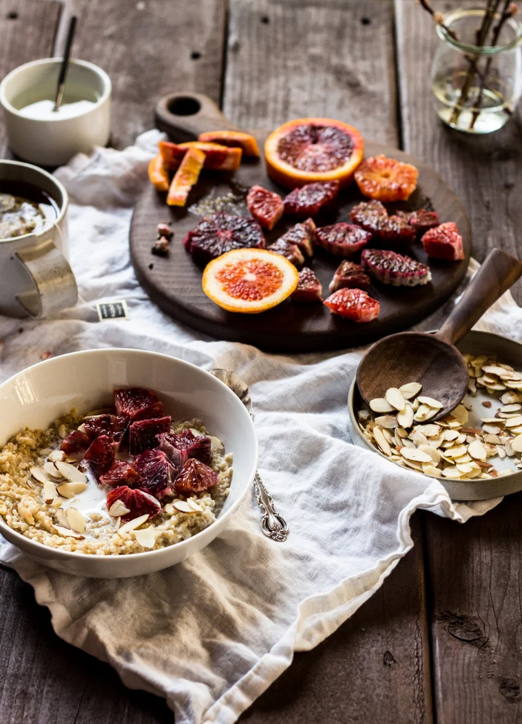 Steel Cut Oats with Blood Oranges, Almonds + Orange Blossom Syrup