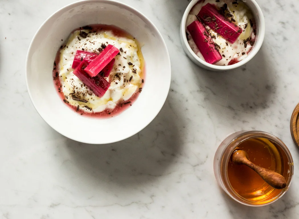Rose' Roasted Rhubarb with Yogurt, Chocolate + Honey