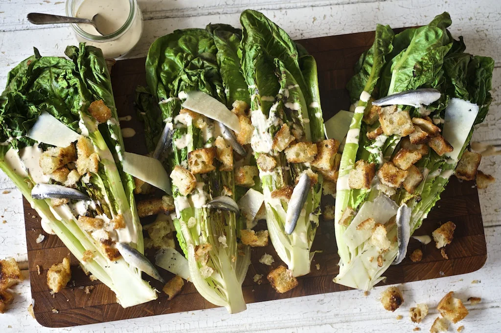 Grilled Romaine with Caesar, Focaccia Croutons, and Anchovies