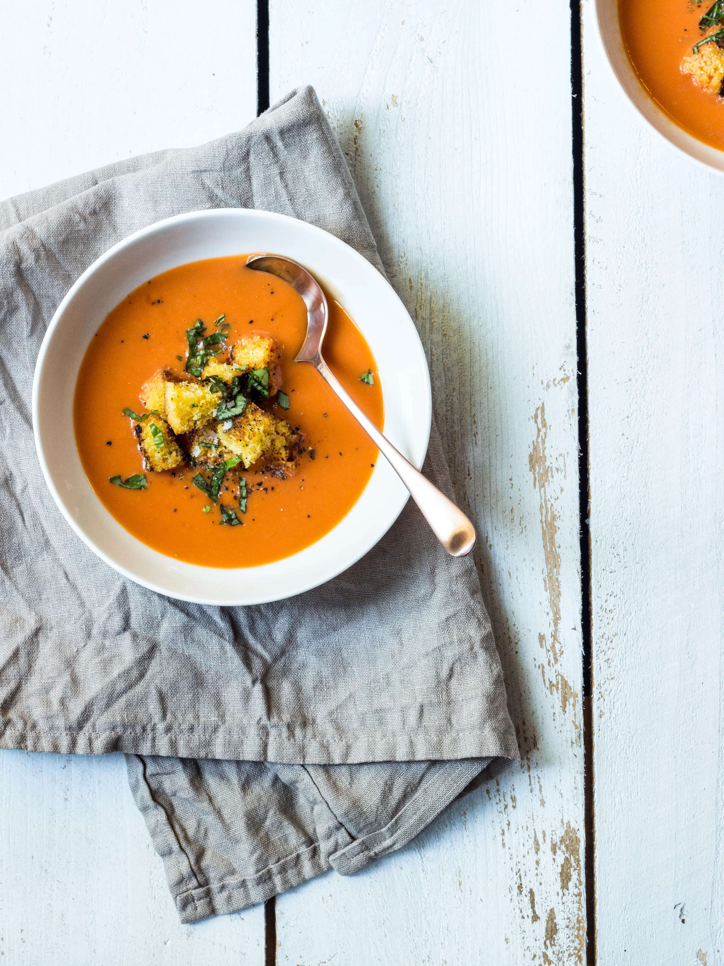 Tomato Basil Soup with Cornbread Croutons