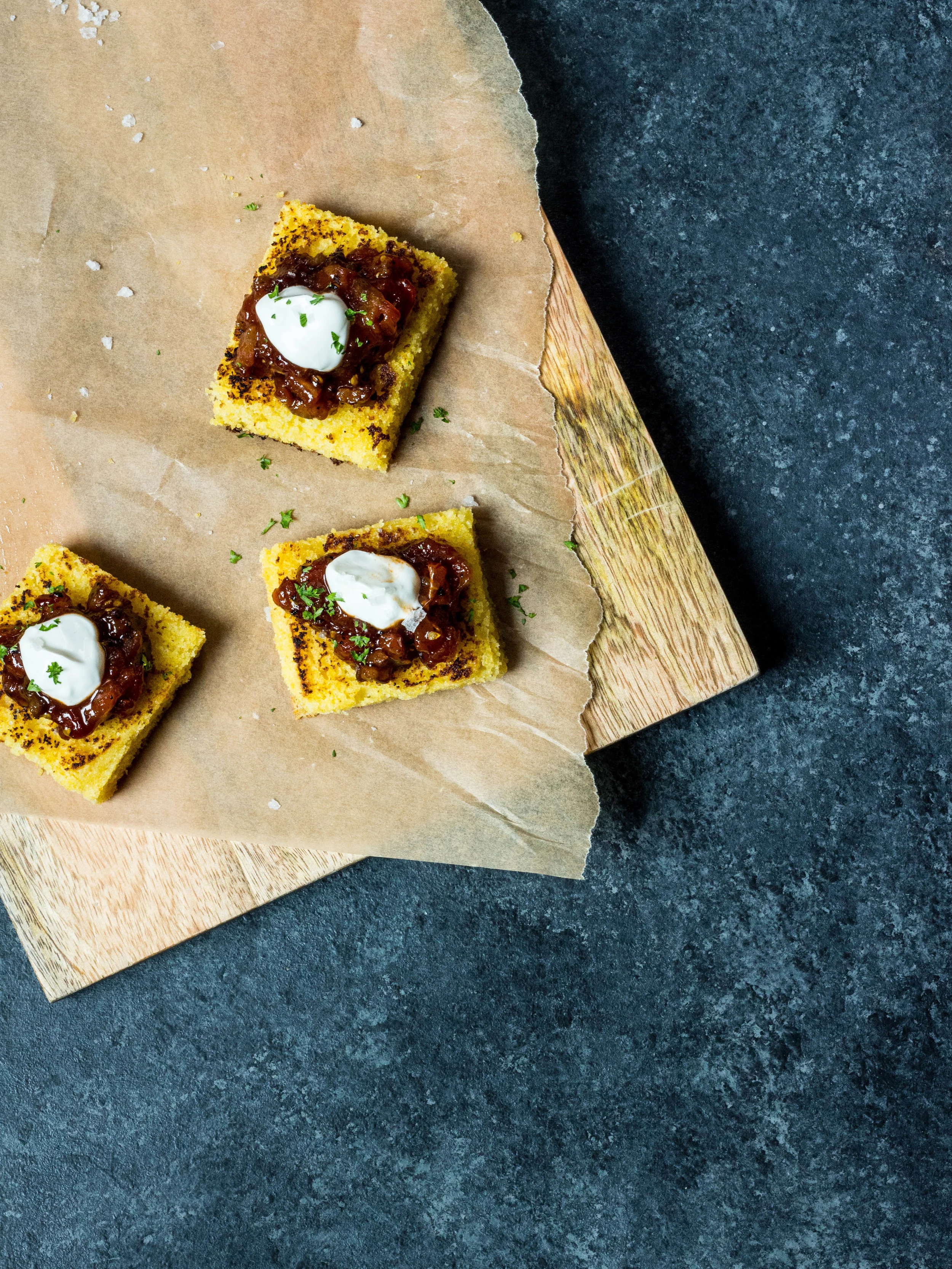 Fried Cornbread with Bacon-Tomato Jam and Creme Fraiche