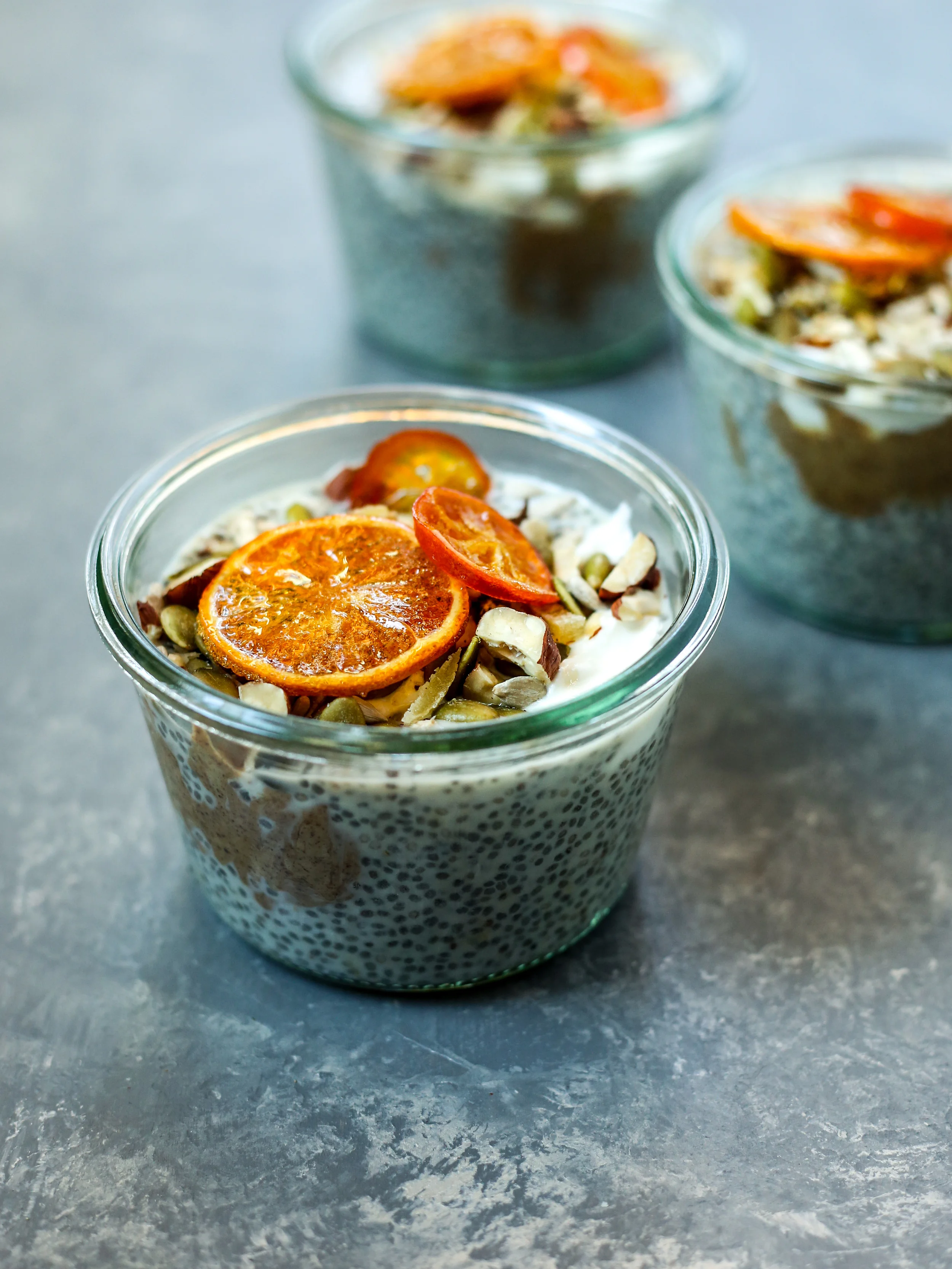 Chia Seed Pudding Parfait with Almond Butter, Pepitas, Hazelnuts