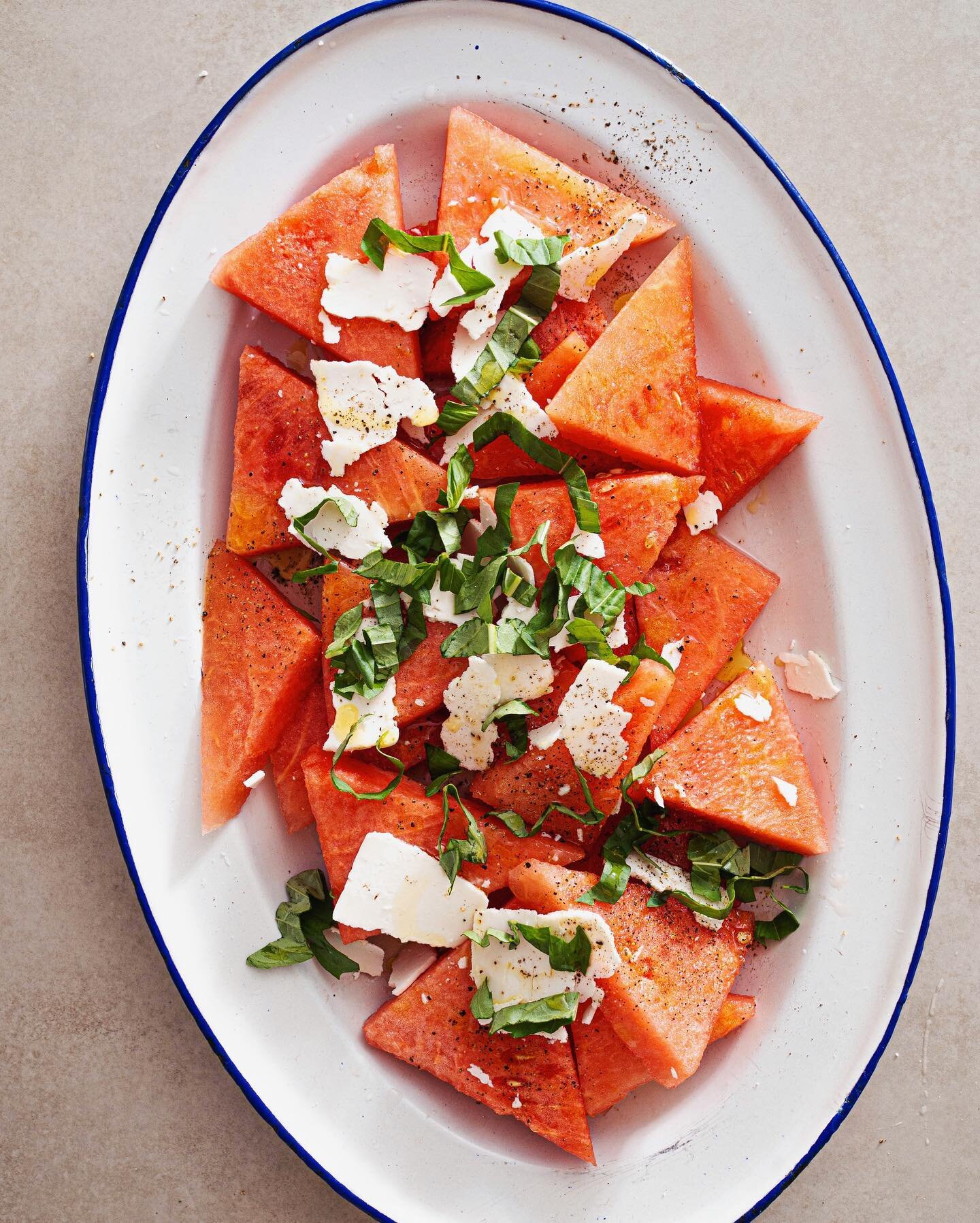 Simple watermelon, vinegar, olive oil, feta, basil, salad. ✌🏼