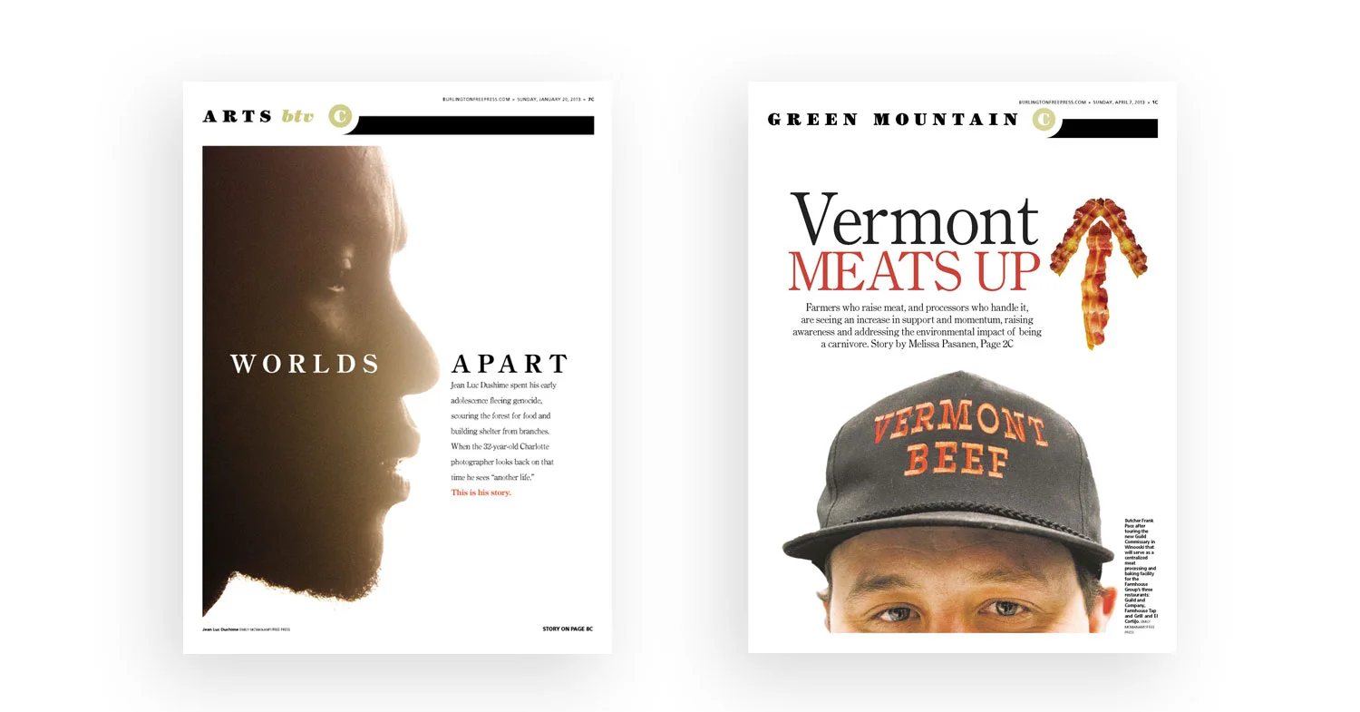 Pages for the Burlington Free Press by Danielle Morris and Jen Meyer.