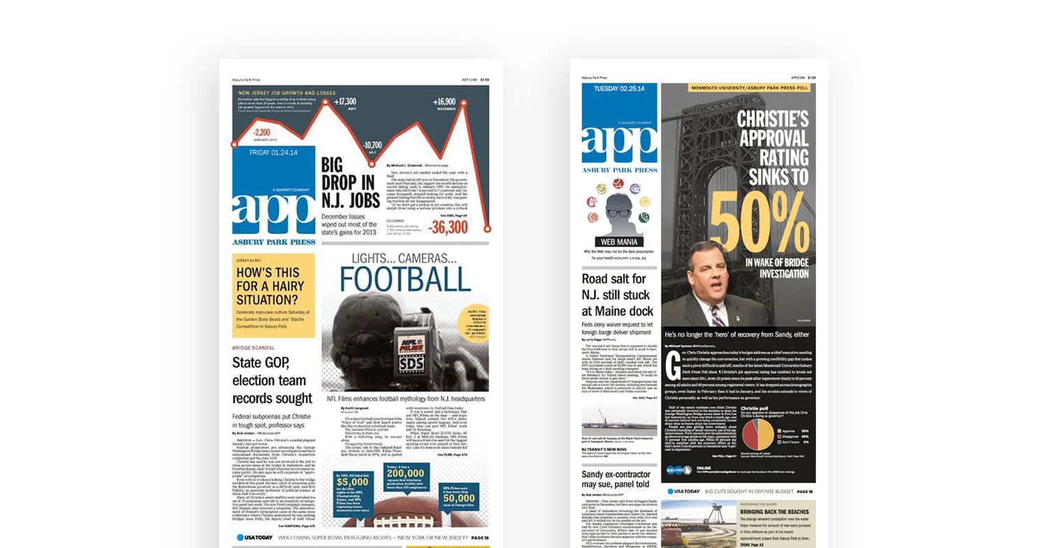 Asbury Park Press front pages by Omar Vega and Dana Stewart show the flexibility of the new front page.