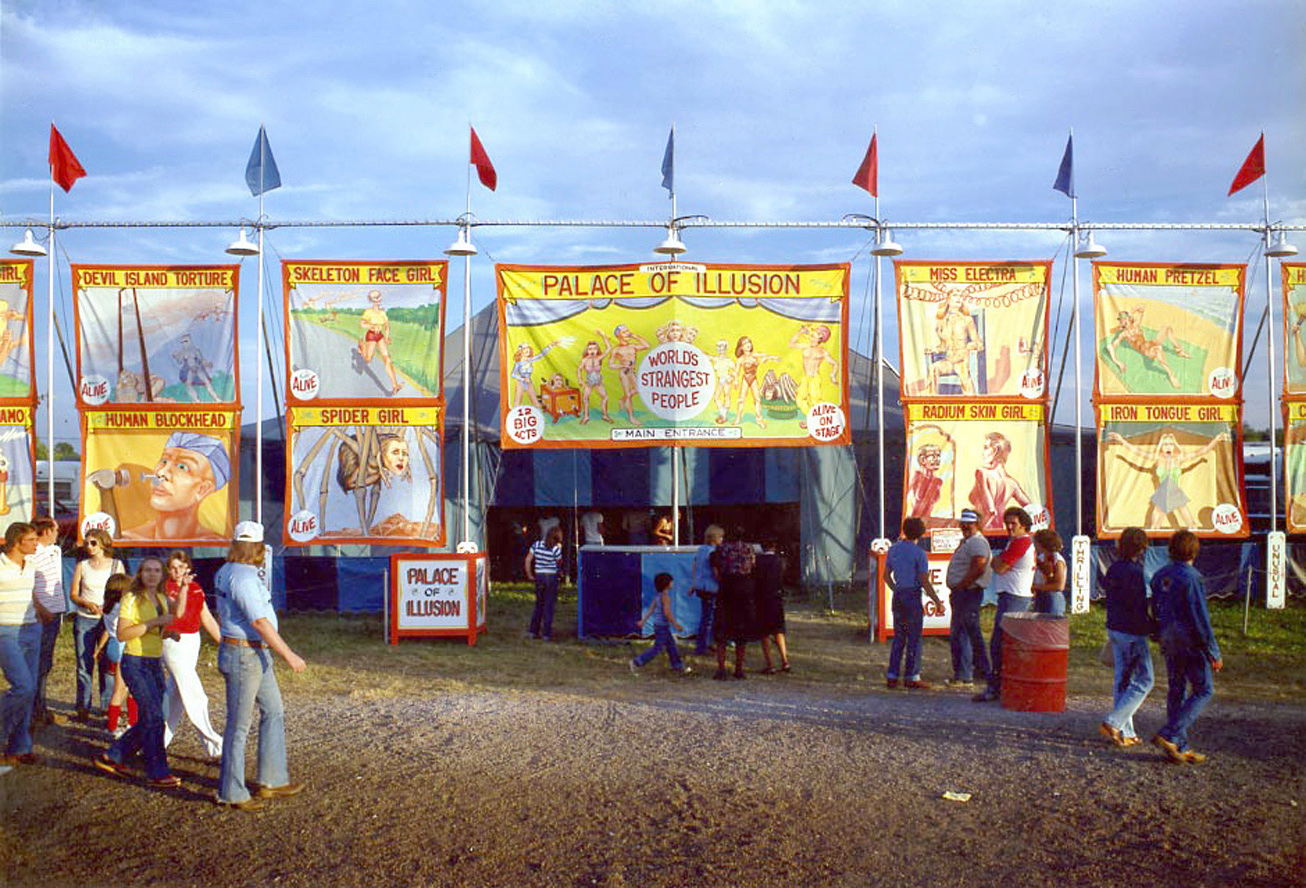 Palace of Illusion, a side show operated by Tim Deremer Productions, based in Ohio, ca. 1980. It featured a banner line of 17 banners. Among the shows I painted were Gabora the Gorilla Girl, Myrna the Mermaid and Strange Little People. Many of the original banners are still in use.