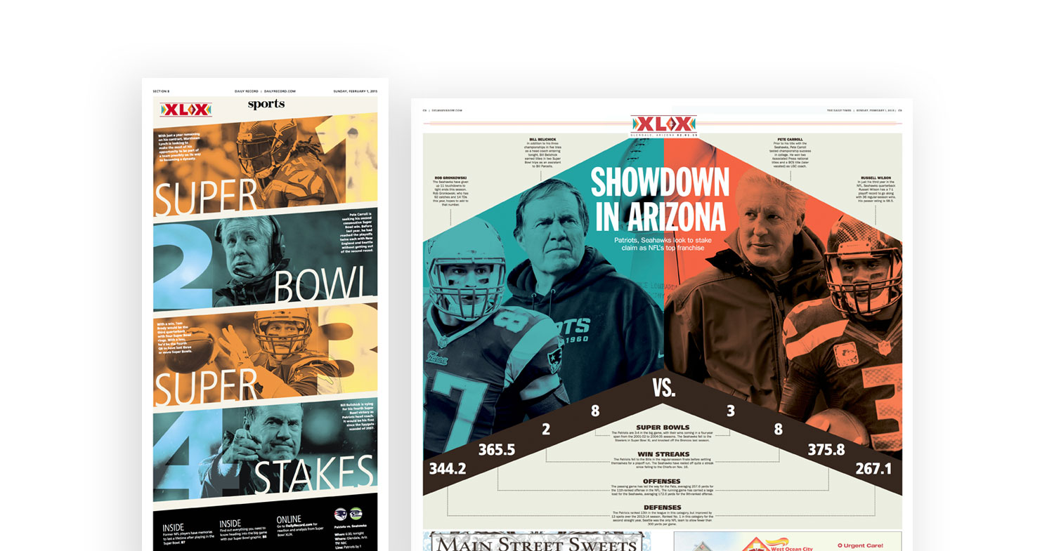 Super Bowl special section pages by Hannah Burkett.