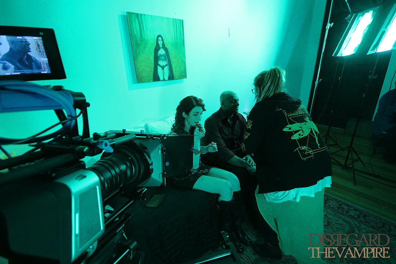 H/MUA Katie Ciampa with actors before the next scene in Disregard The Vampire, 2014.