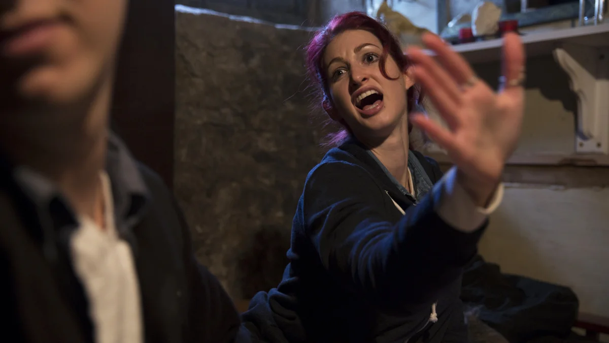 Director Geena Matuson (@geenamatuson) with Alex Sanfilippo stand-in for actors for blocking - this was 'the slap sequence,' 2014.