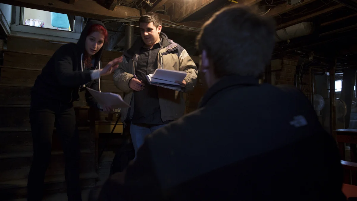 Director Geena Matuson (@geenamatuson) with Chris Esper and Alex Sanfilippo, going over blocking and scene setup, 2014.