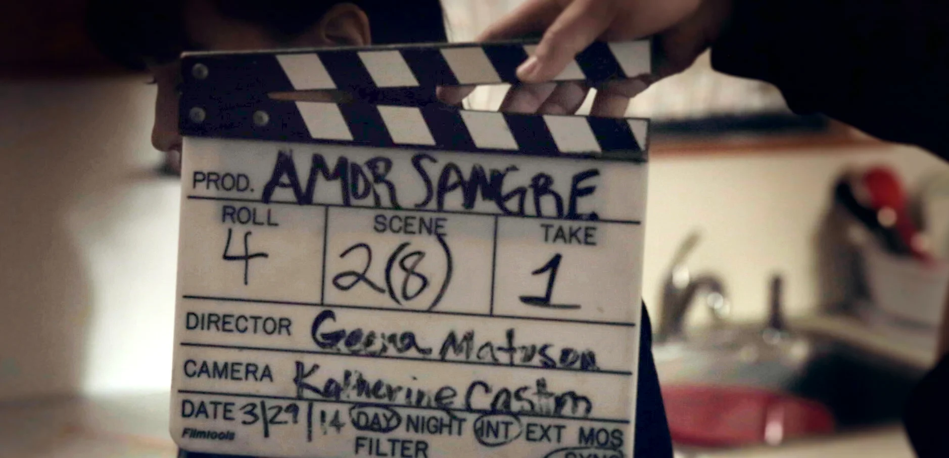 Screenshot showing slates for film Amor Sangre (2014), Dir. Geena Matuson (@geenamatuson).